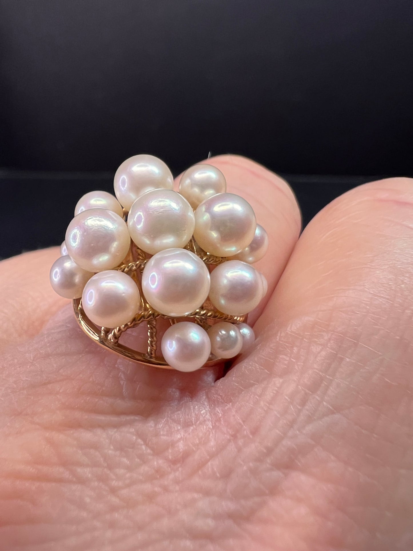 Vintage 14K Gold Cluster Pearl Cocktail Ring – Mid Century Dome Design- size 6