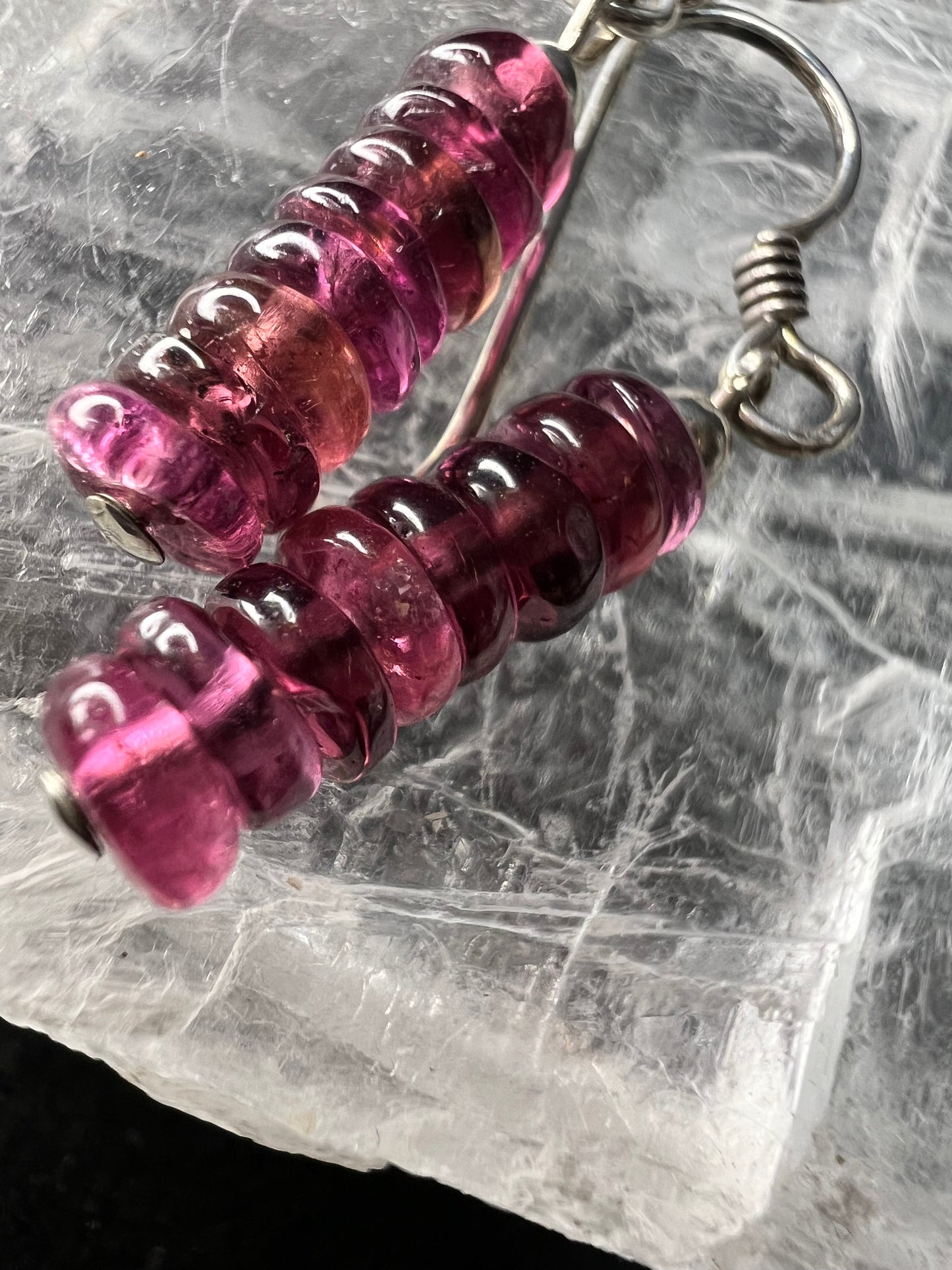 Sterling Silver Pink Rubellite Tourmaline Heishi Drop Earrings