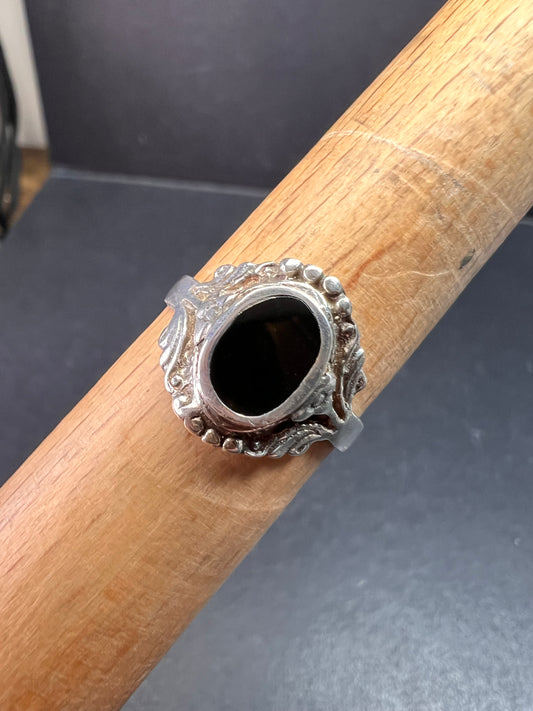 Vintage Sterling Silver Black Onyx Cocktail Ring, Ornate Bezel, Size 8