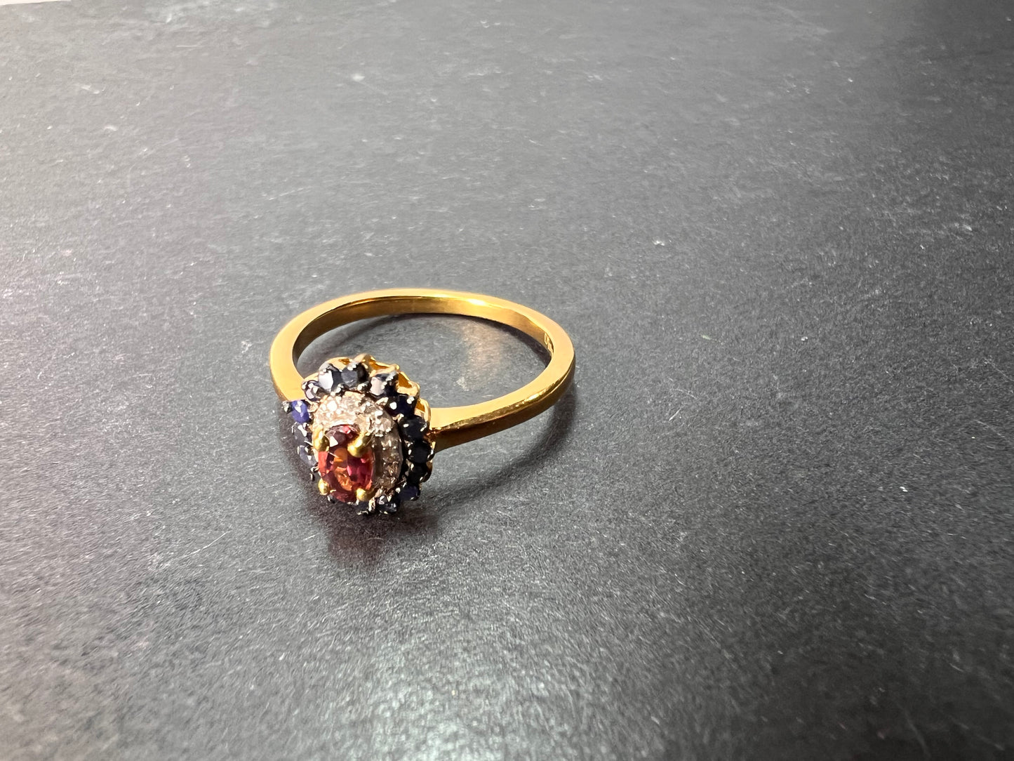 Ofiki rubellite and blue sapphire double halo ring in vermeil yellow gold over sterling silver size 8