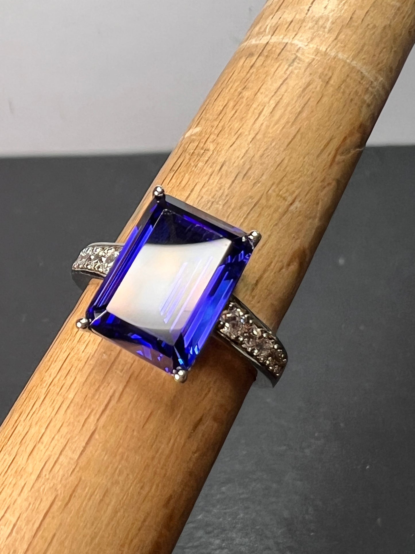 Emerald cut blue and white CZ sterling silver engagement ring 9.20 ctw size 9