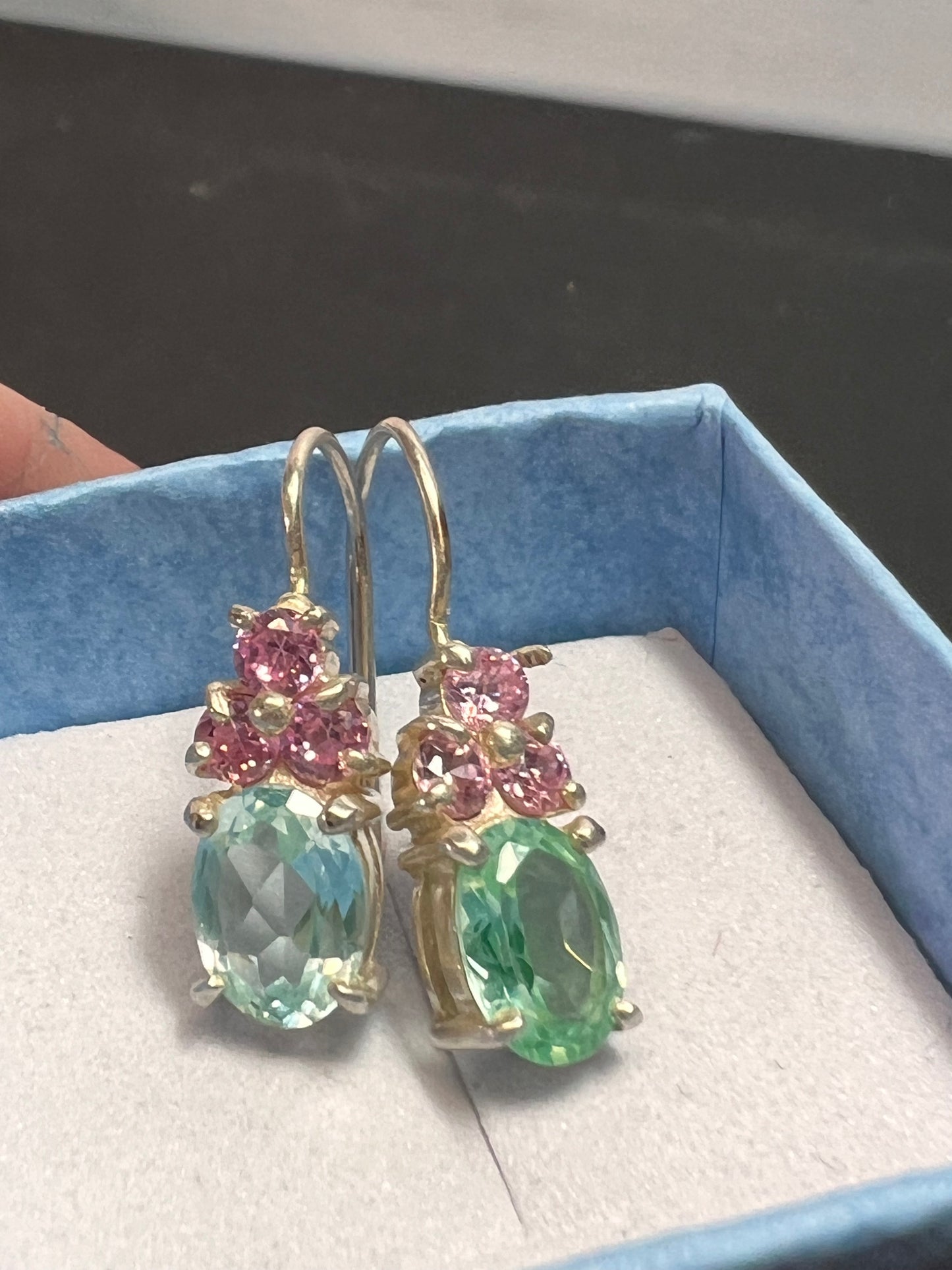 Aqua spinel and pink CZ sterling silver earrings by HAN