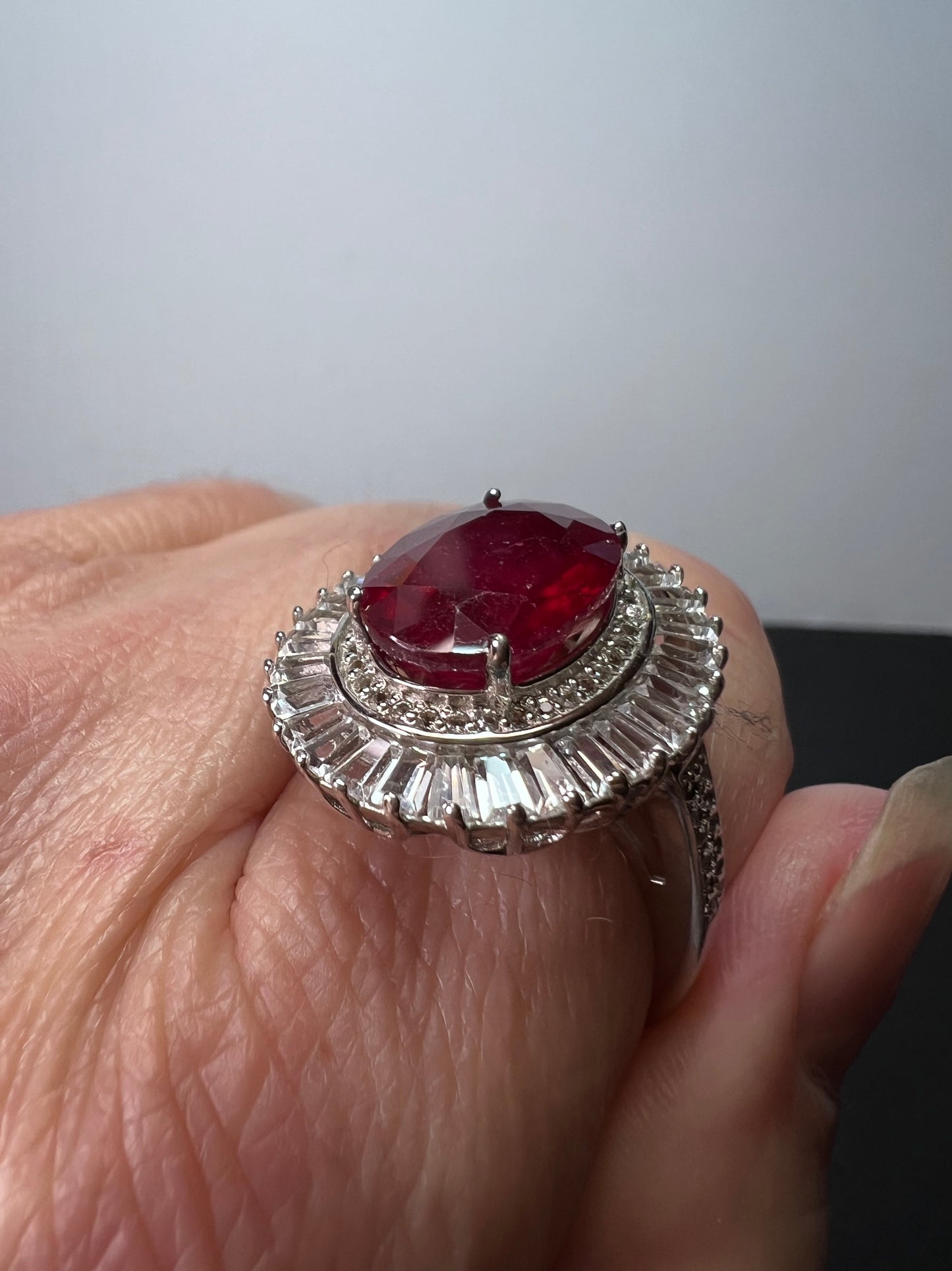 Niassa Ruby (FF) and White Zircon Ballerina Ring in Platinum Over Sterling Silver 10.00 ctw size 9