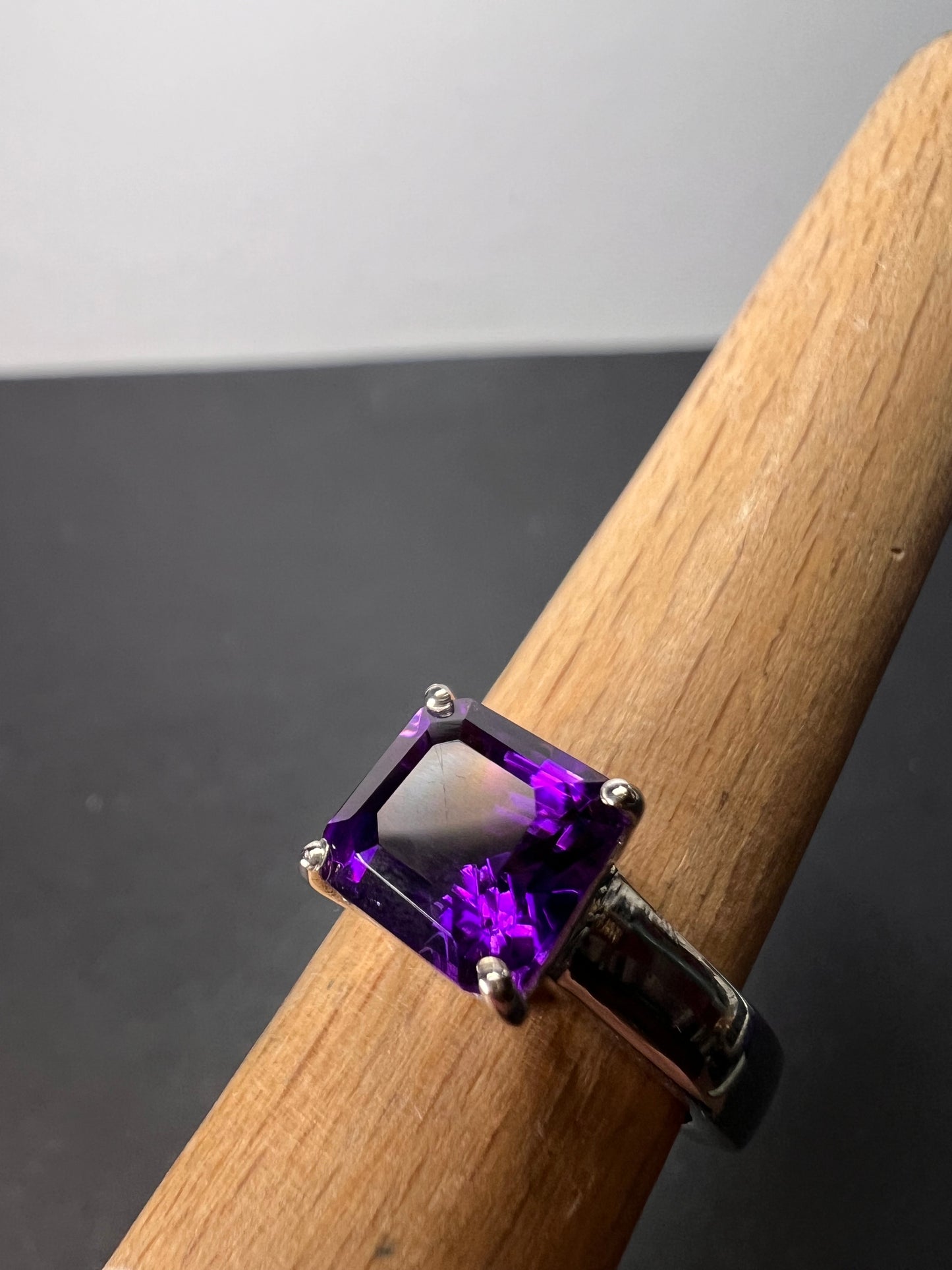 Asscher cut Moroccan amethyst solitaire ring in platinum over sterling silver size 5 *NEW*