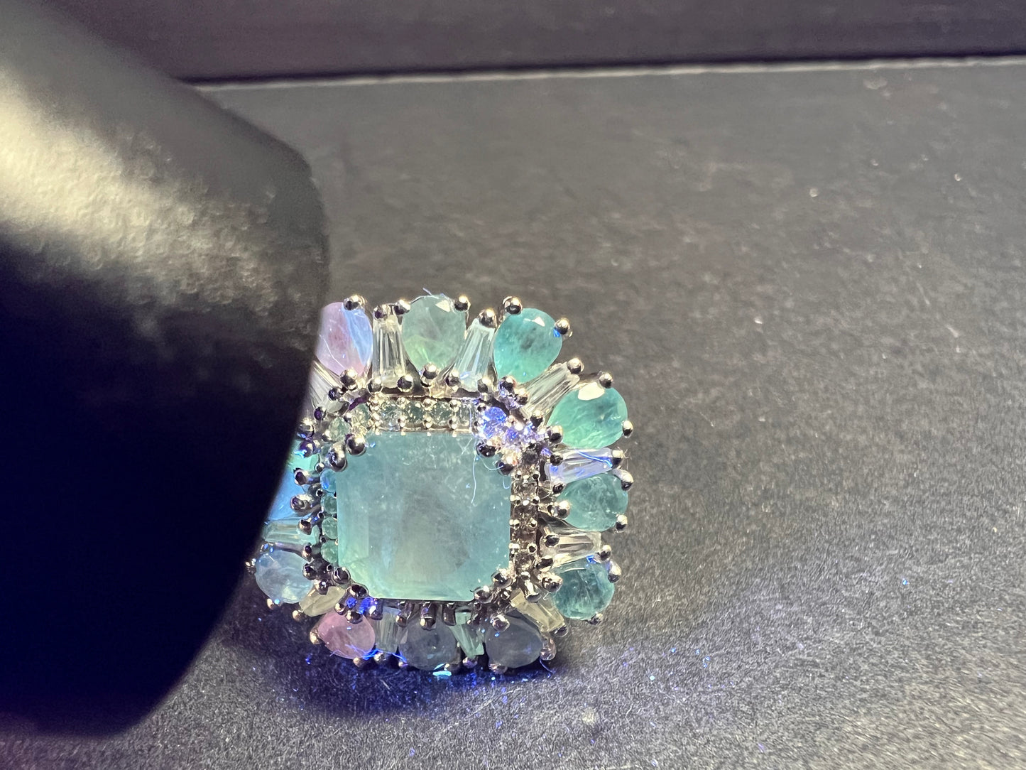 NEW grandidierite and zircon cocktail ring in rhodium over sterling silver size 7