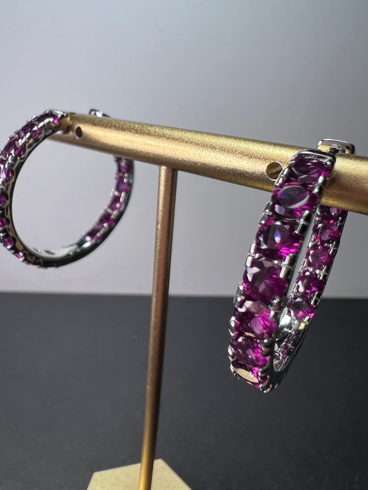 Grape rhodolite garnet hoop earrings in sterling silver