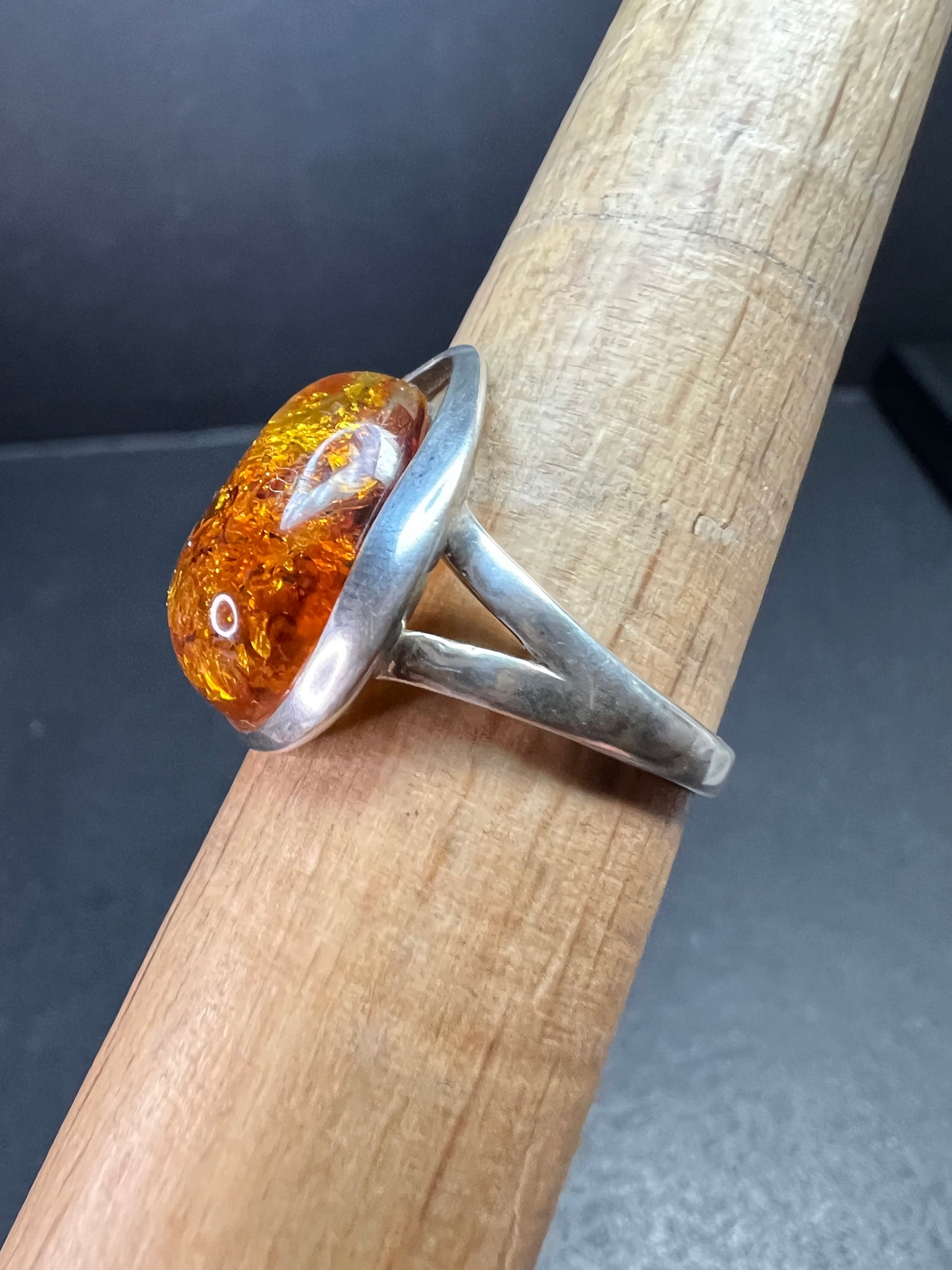 Sterling Silver Baltic Amber Ring Size 8 Teardrop Cabochon