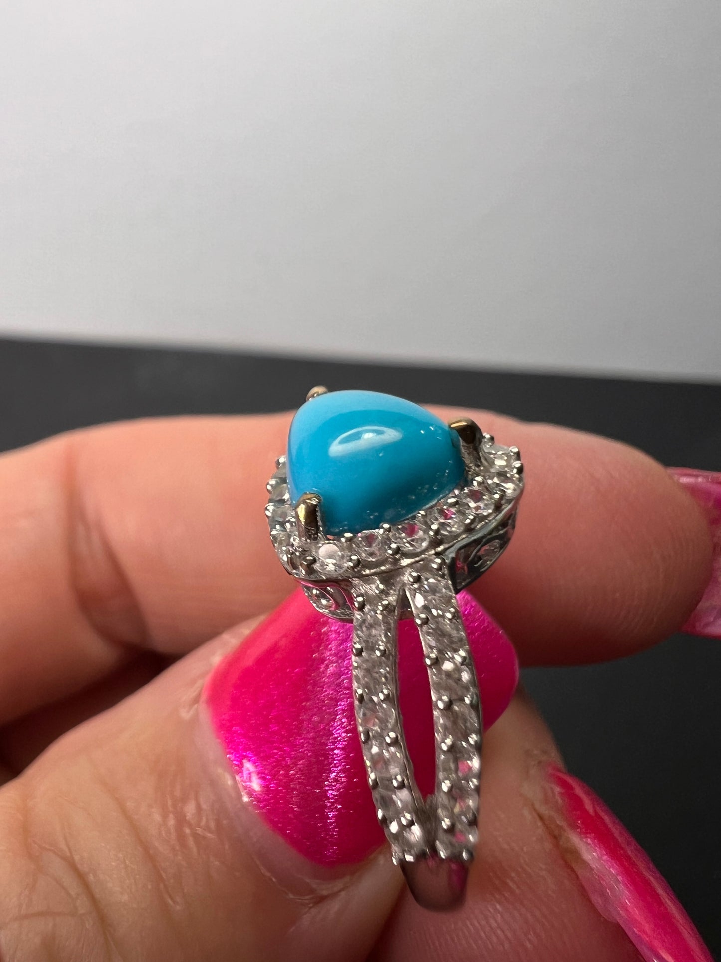 American sleeping beauty turquoise and zircon ring in platinum over sterling silver 2.60 ctw size 8