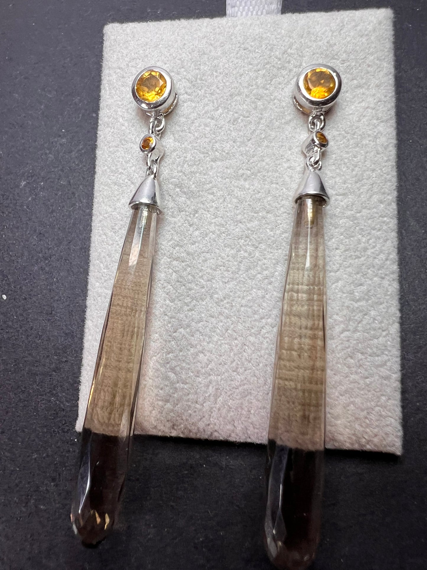 Smoky quartz and citrine sterling silver long dangle earrings