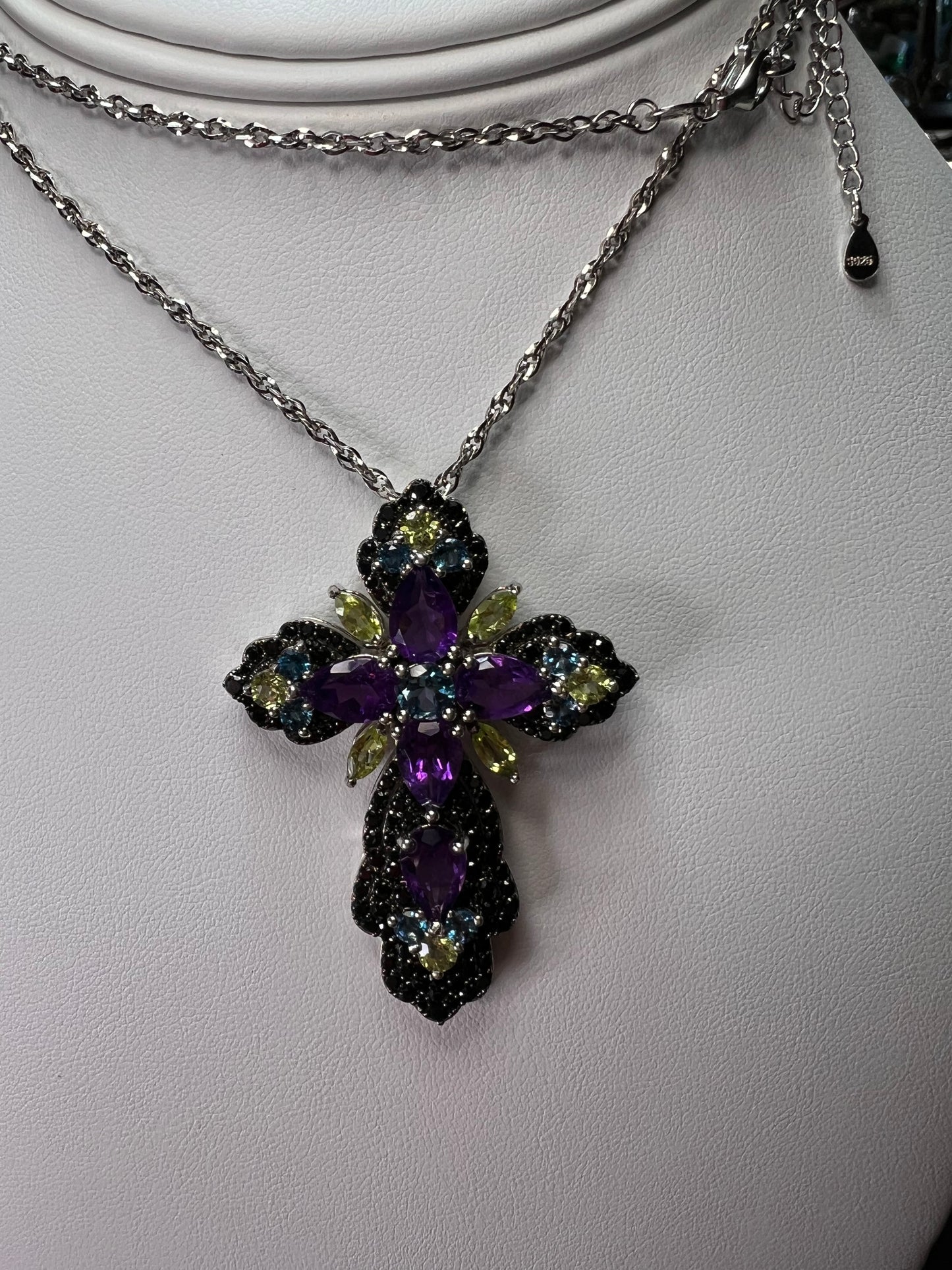 Multi-Gem Rhodium Over Sterling Silver Cross Pendant With Chain 10.95ctw