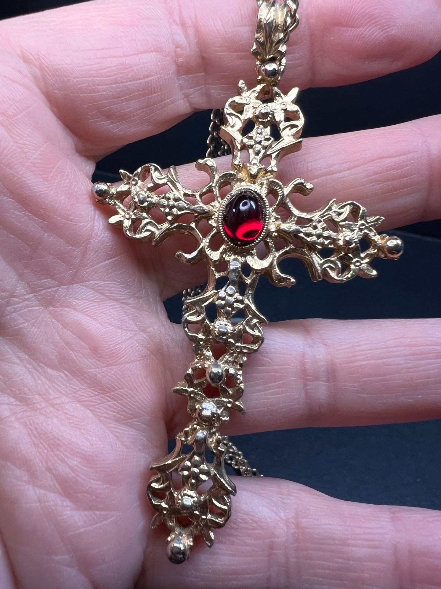 Vintage Avon Red Cabochon Filigree Cross Necklace 24”