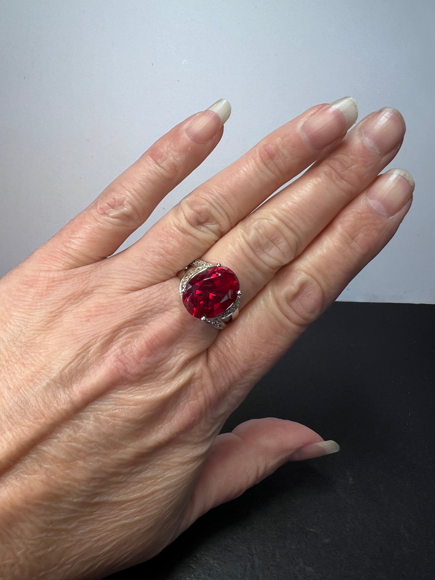 Lab created ruby cocktail ring in sterling silver size 9