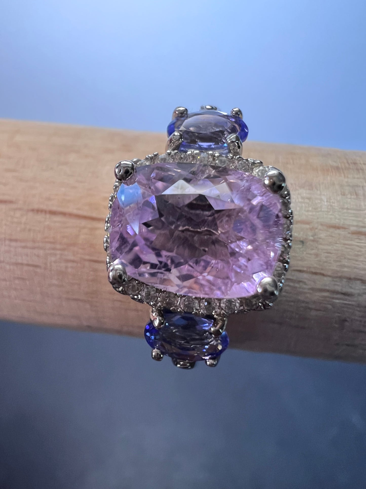 Kunzite, tanzanite and zircon halo ring size 9