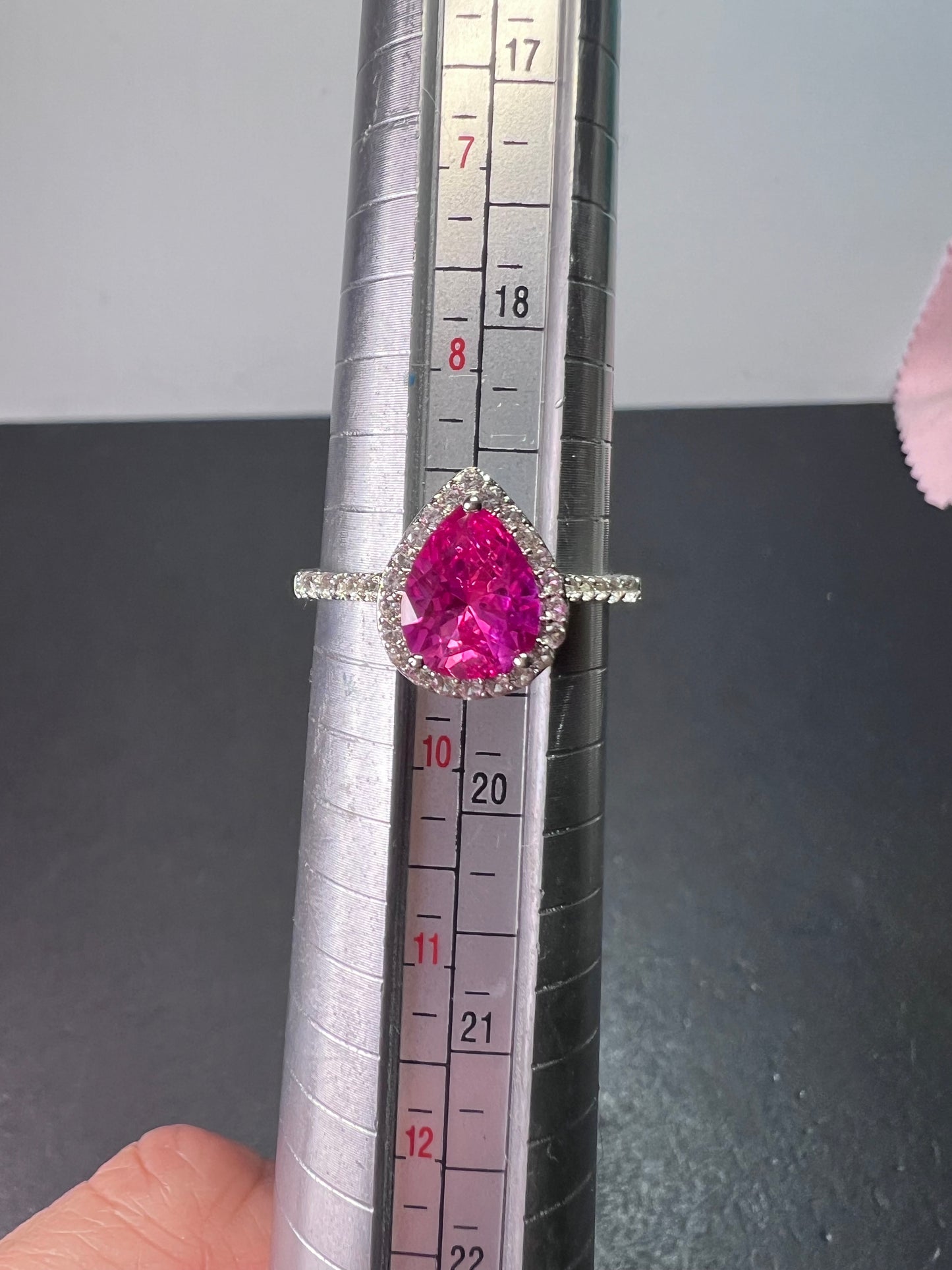 Barbie style lab pink sapphire sterling silver halo ring size 9