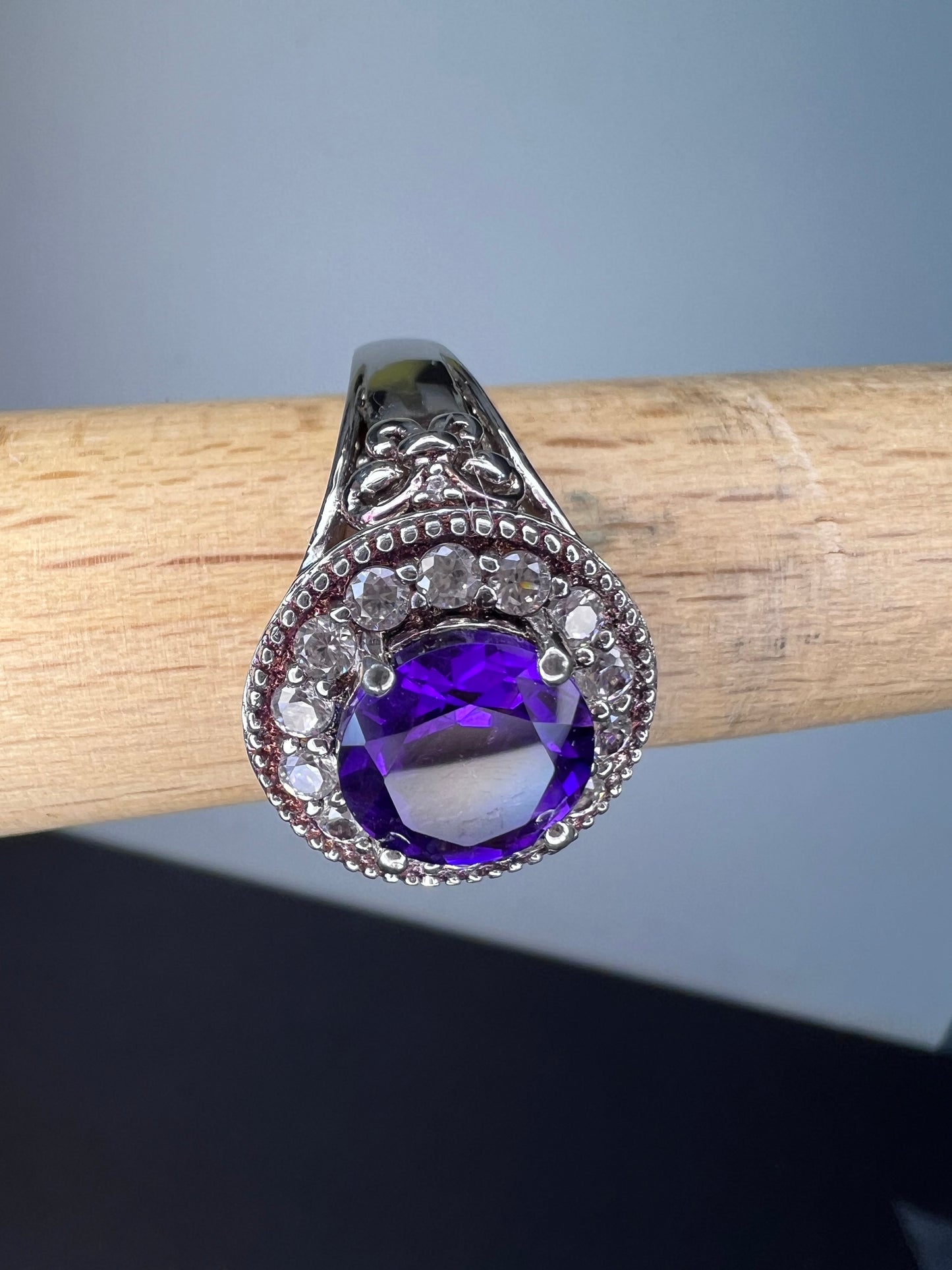 Amethyst and white spinel sterling silver halo ring size 9