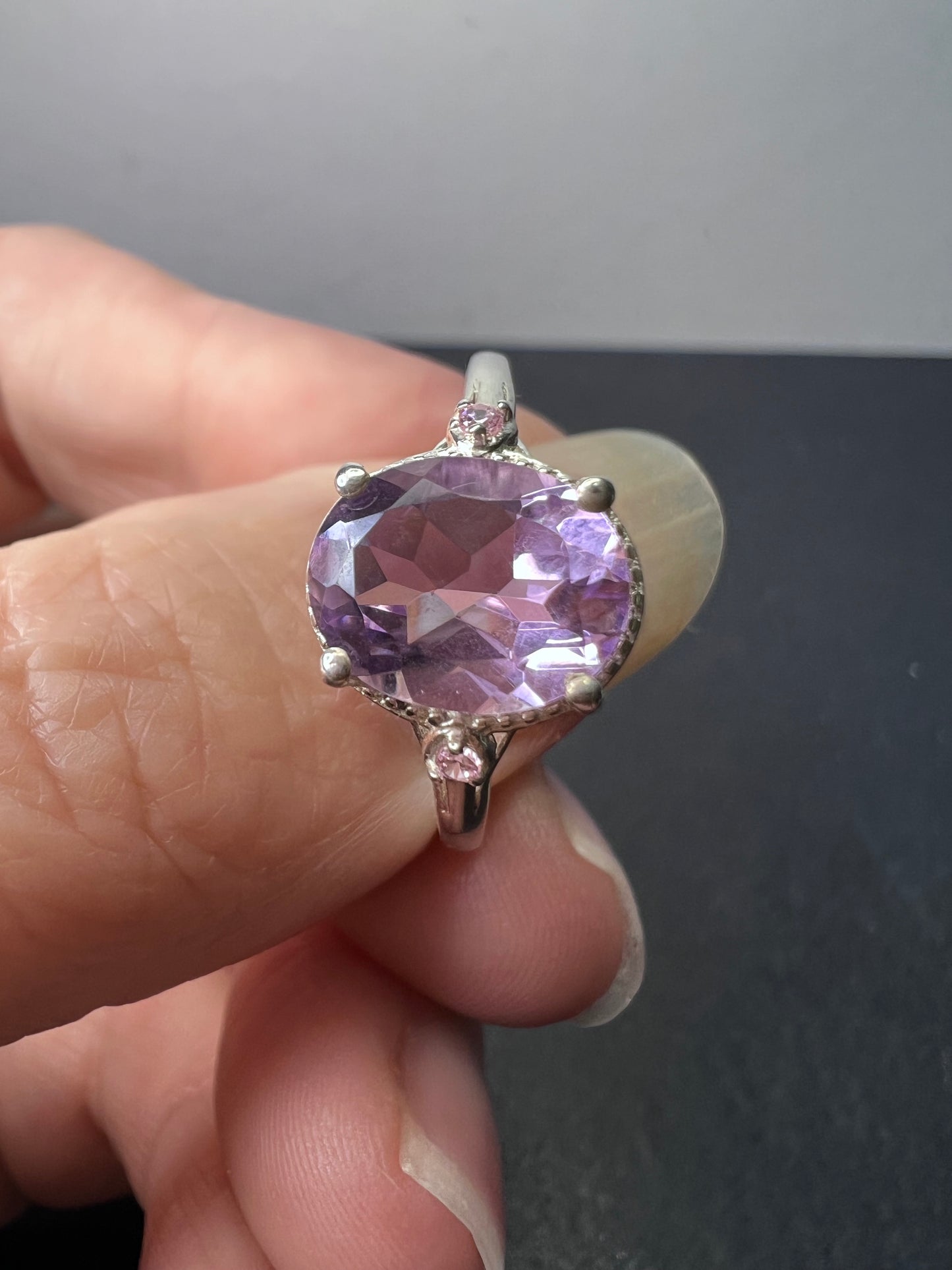 Amethyst and pink CZ sterling silver ring size 9