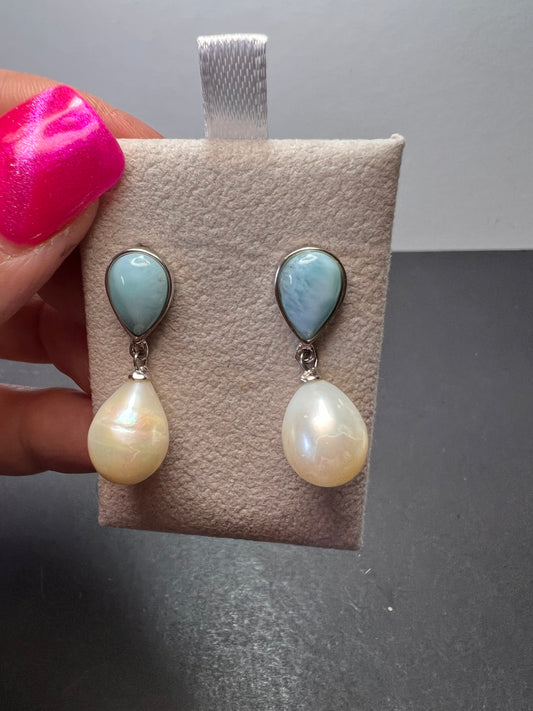 Larimar and pearl sterling silver teardrop earrings