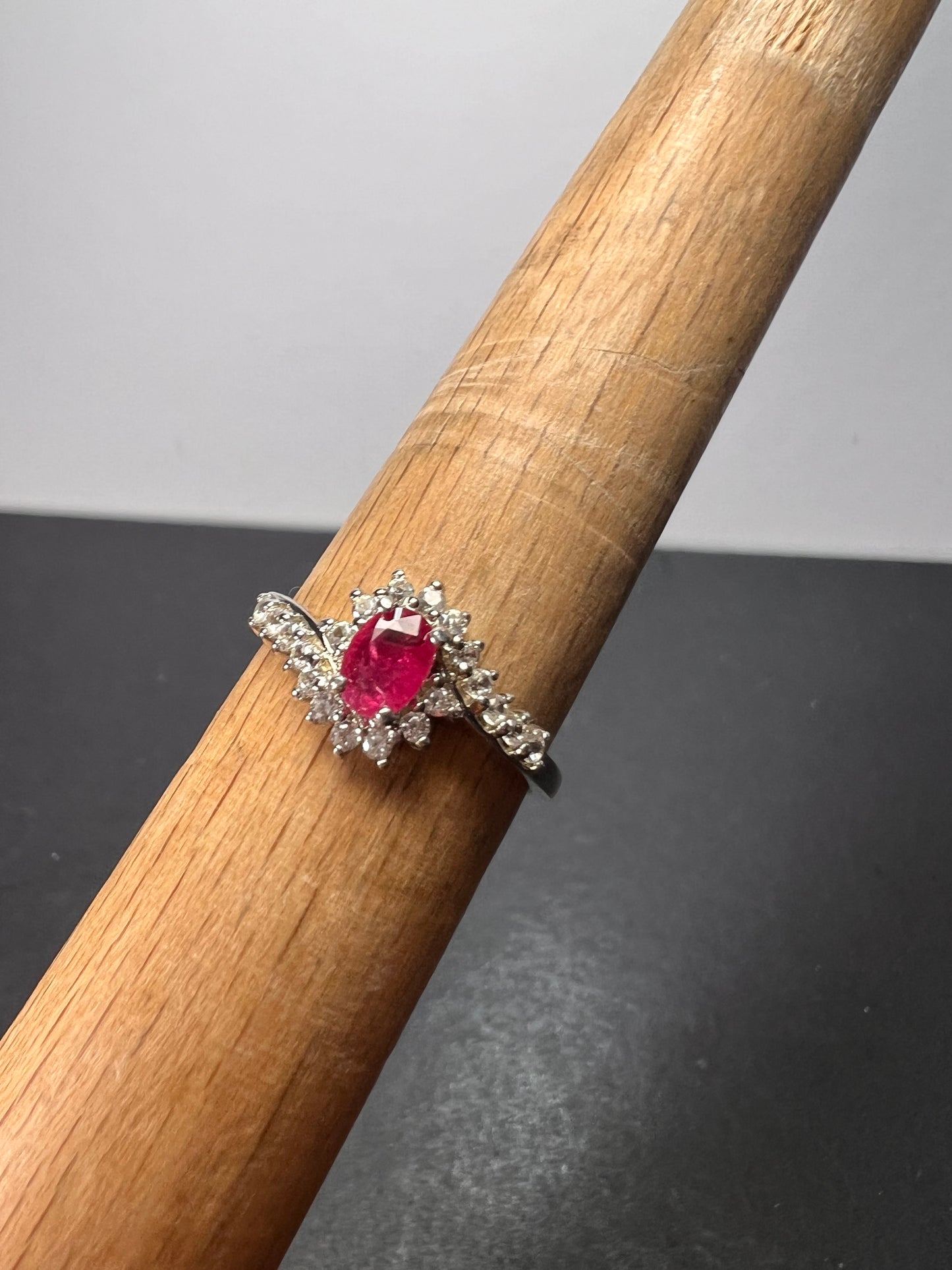 Mozambique ruby and zircon sunburst ring in platinum over sterling silver size 8 *NEW*