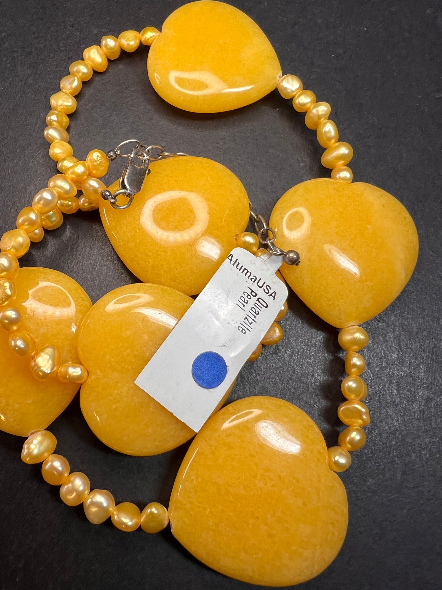 NEW yellow quartzite hearts and pearl station necklace with sterling silver clasp
