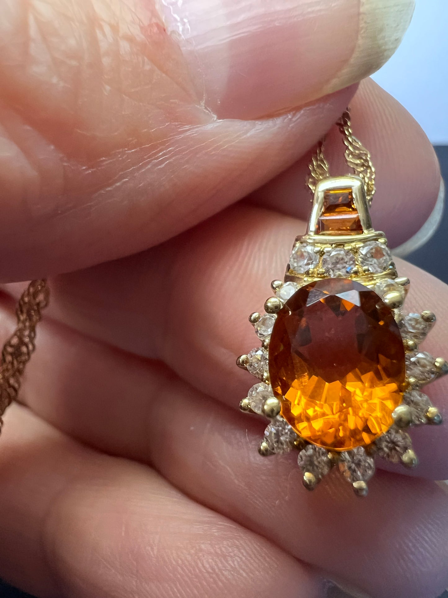 Mandarin citrine and white topaz halo pendant necklace in 14k gold over sterling silver