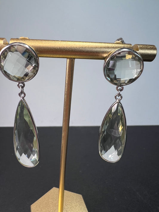 Green Prasiolite Rhodium Over Sterling Silver Dangle Earrings 30.00ctw