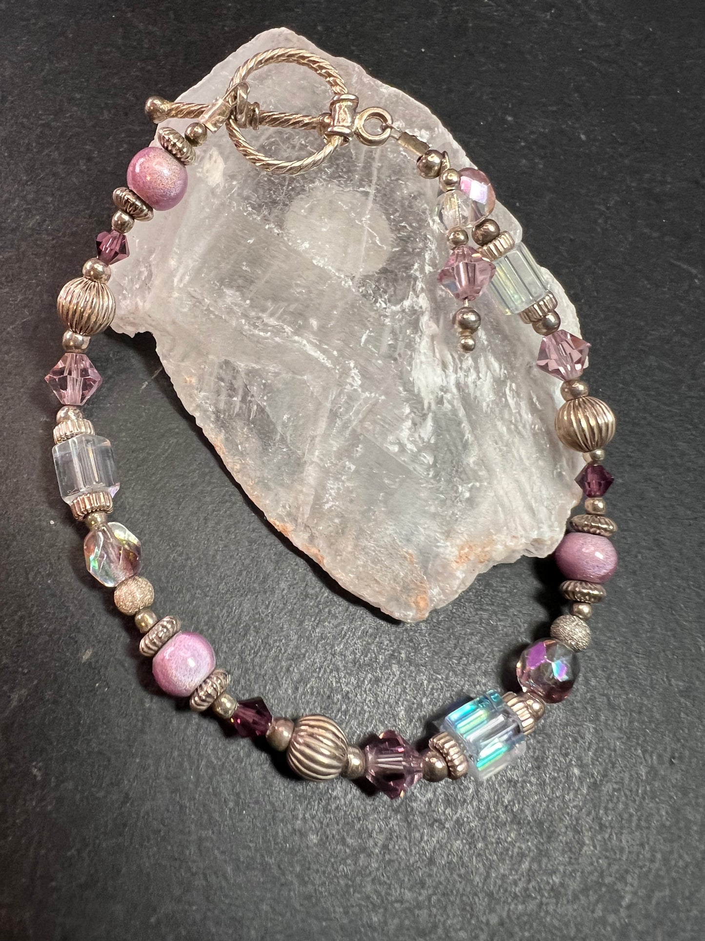 Vintage Sterling Silver Toggle Bracelet with Purple Crystal & Lampwork Beads