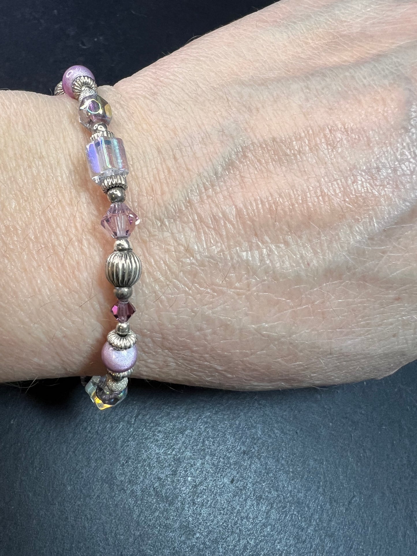 Vintage Sterling Silver Toggle Bracelet with Purple Crystal & Lampwork Beads
