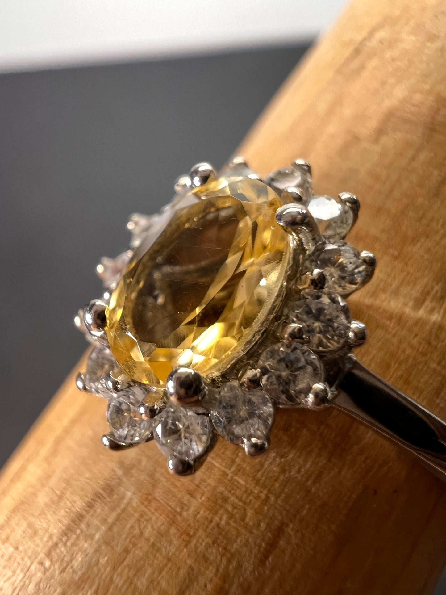 Brazilian citrine and zircon halo ring in platinum over sterling silver size 9 *NEW*