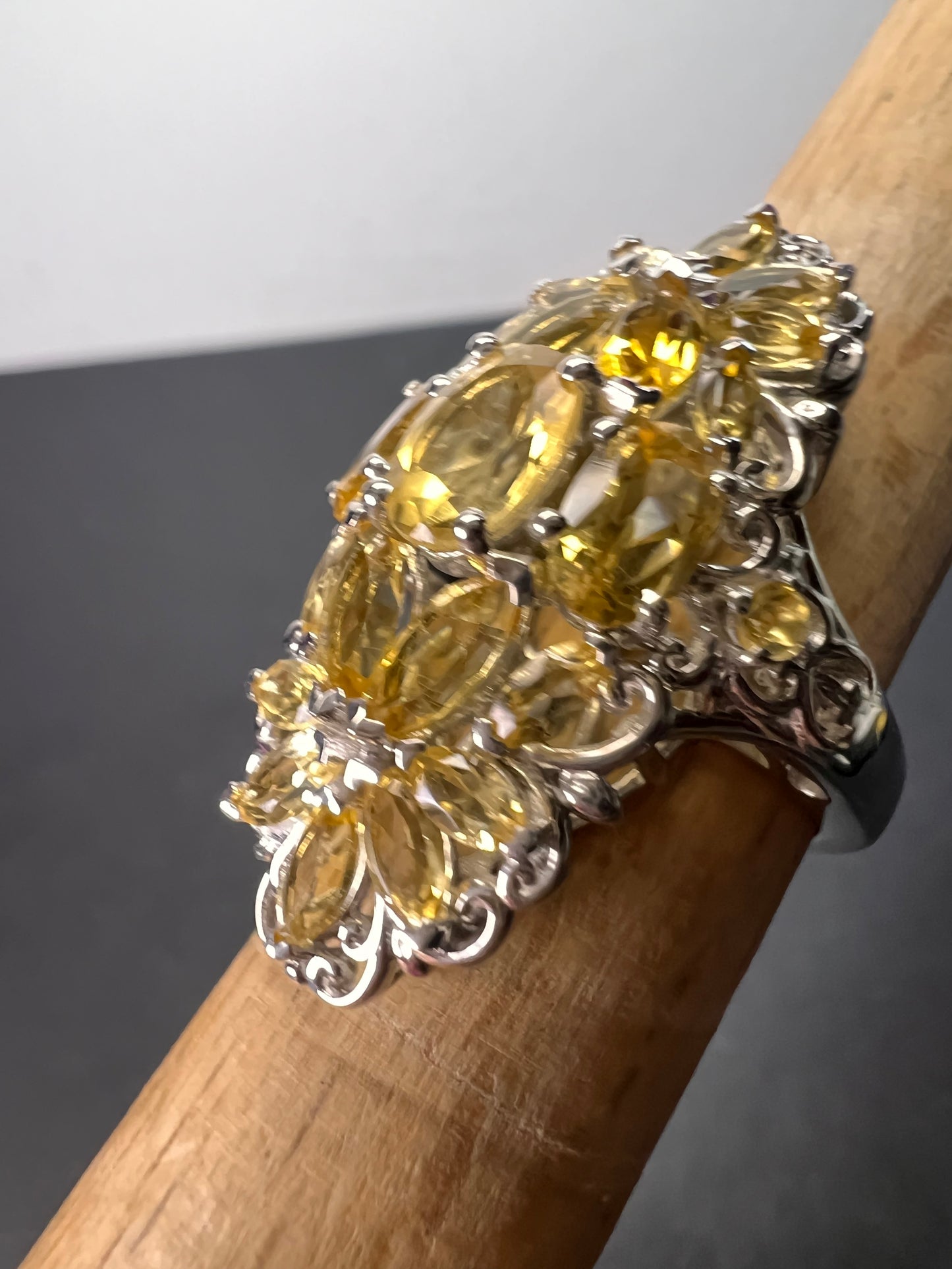 Brazilian citrine floral ring in platinum over sterling silver size 6 *NEW*