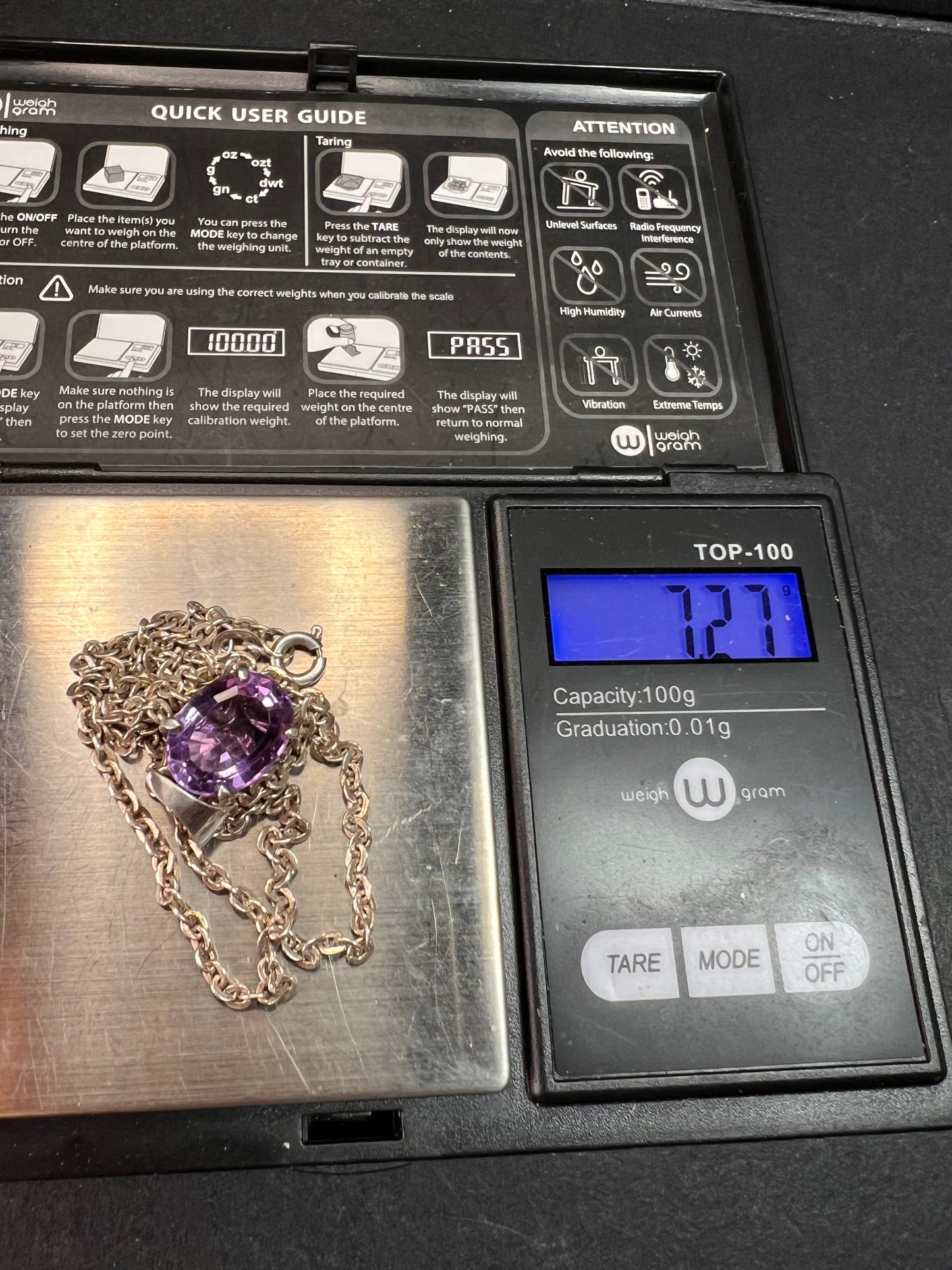 Vintage Amethyst Sterling Silver Pendant on 960 Silver Chain 18”