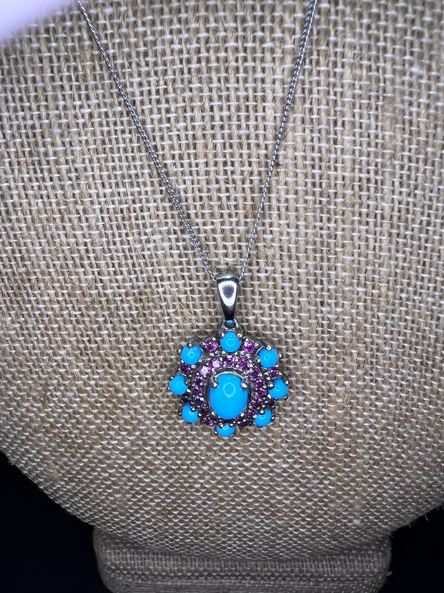 Turquoise grape rhodolite garnet sterling silver pendant and chain