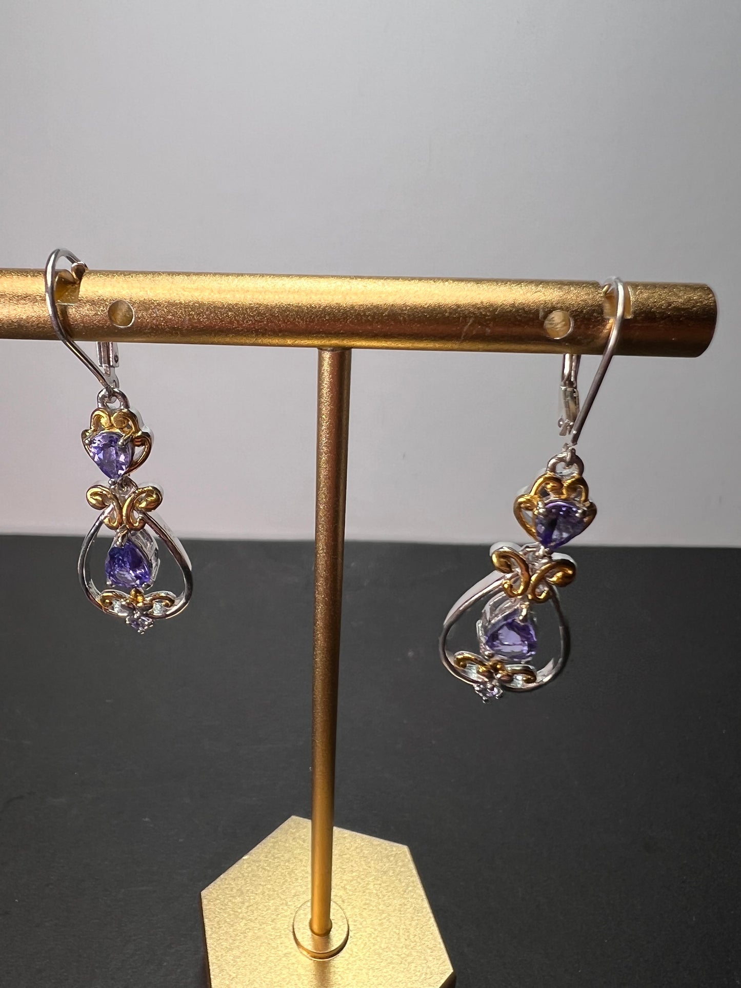 Blue tanzanite two toned sterling silver chandelier lever back earrings