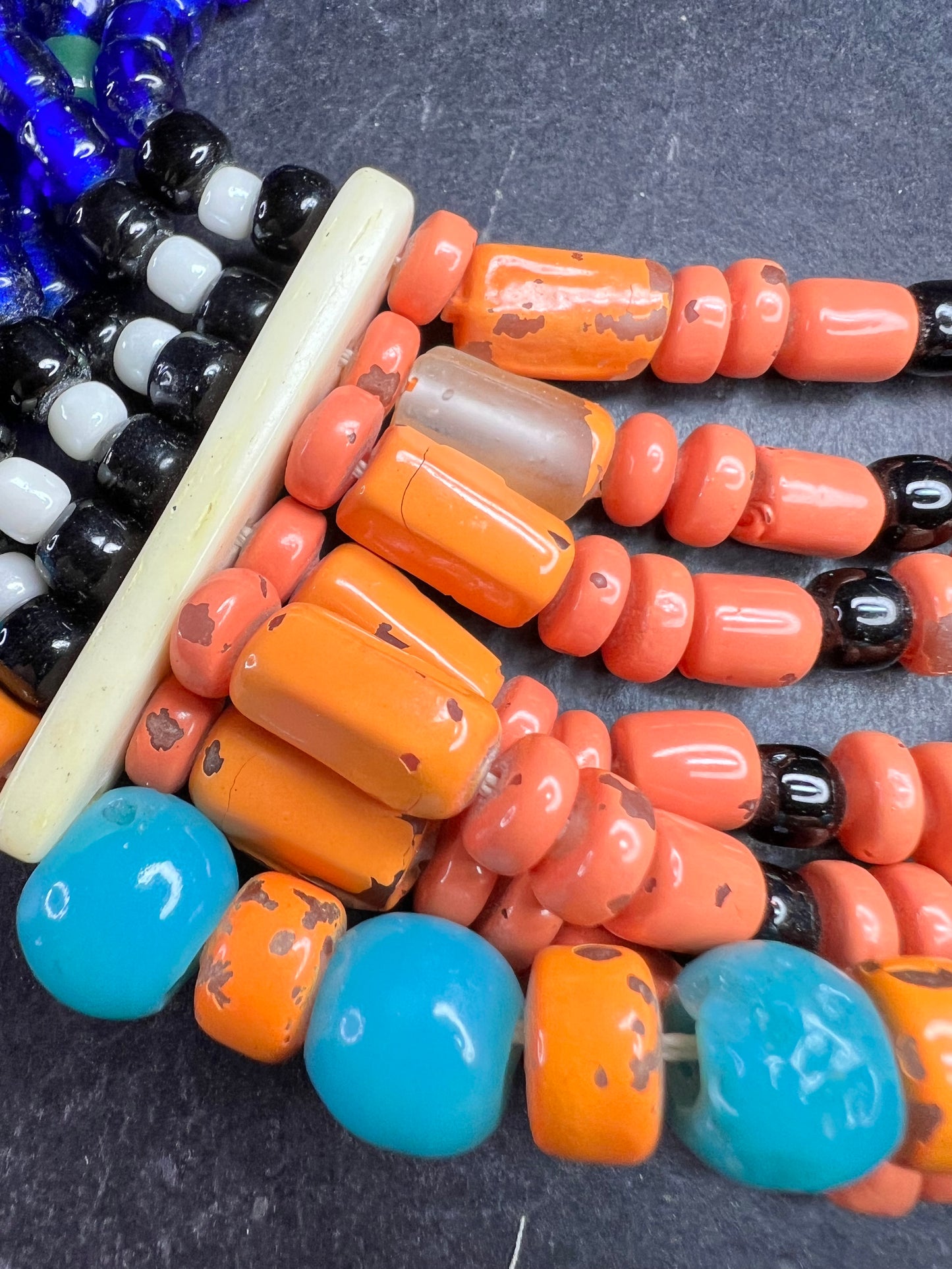 Vintage West African Influenced Multistrand Trade Bead Necklace Fiber Tie