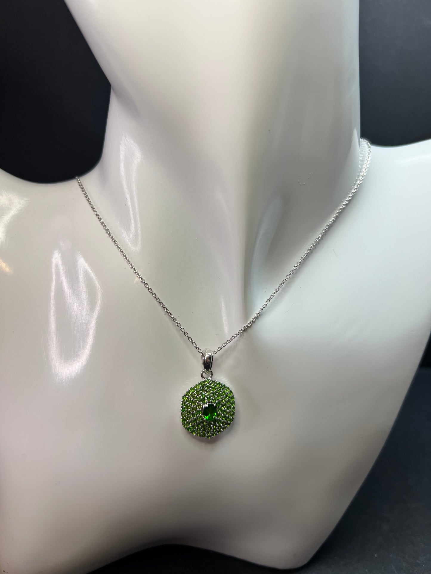 Chrome Diopside Sterling Silver Halo Pendant Necklace 18-20”