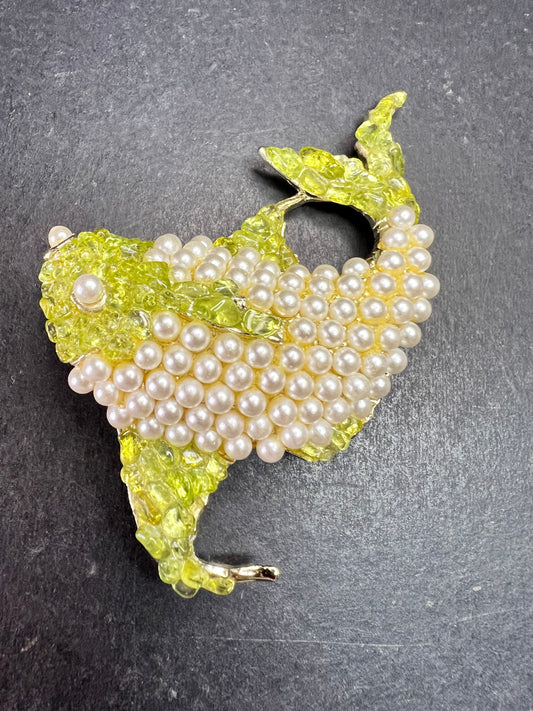 Vintage Faux Pearl & Genuine Peridot Fish Brooch Statement Pin