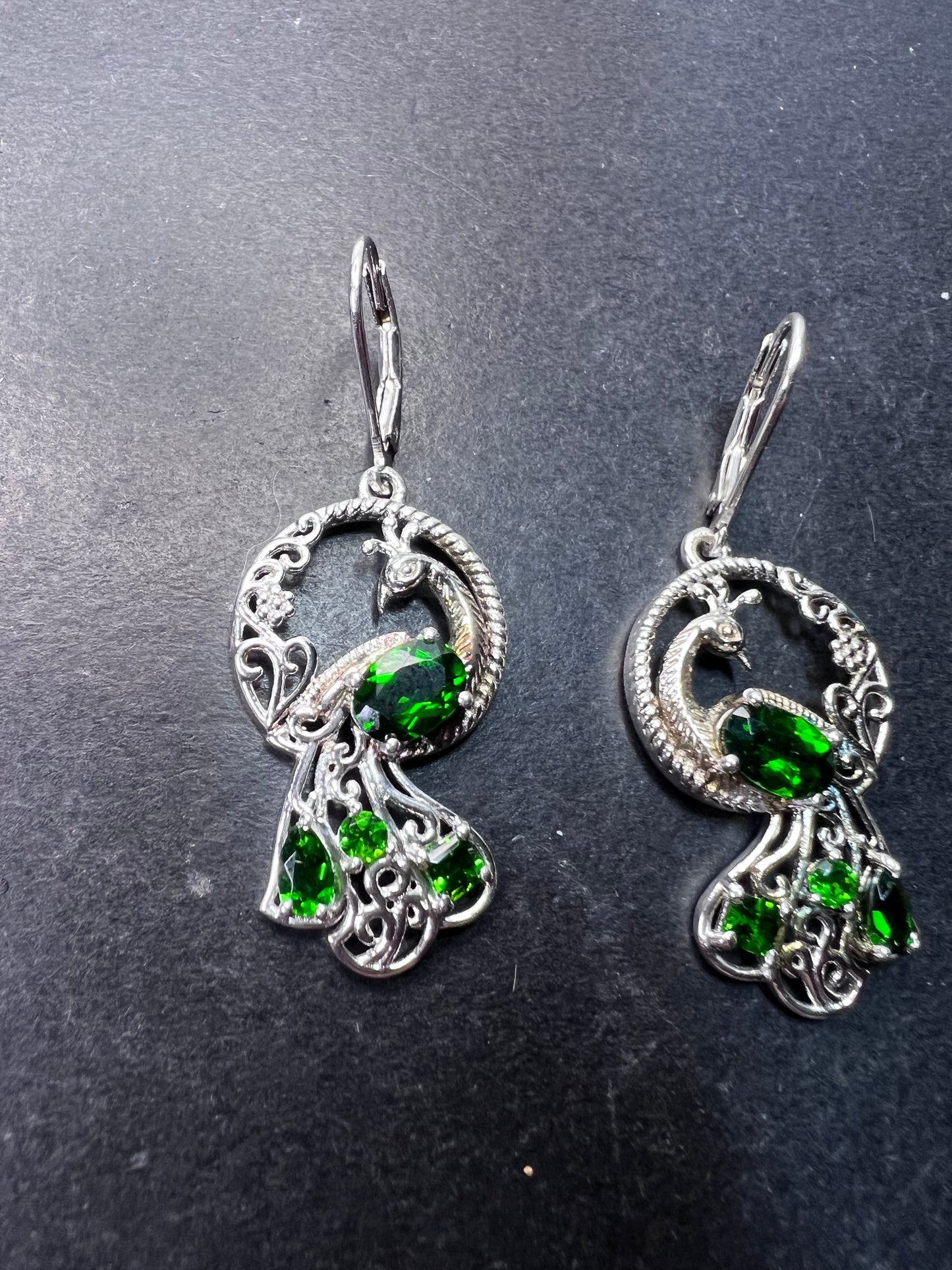 Chrome diopside sterling silver peacock dangle earrings