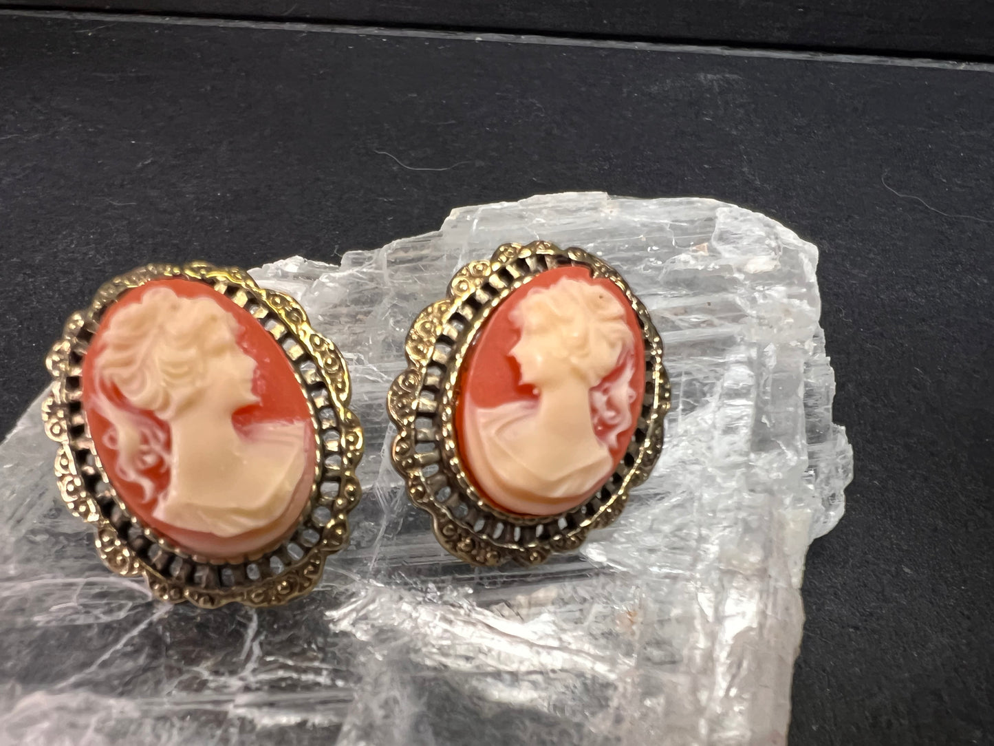 Vintage Carved Shell Cameo Stud Earrings Gold Tone Victorian Revival