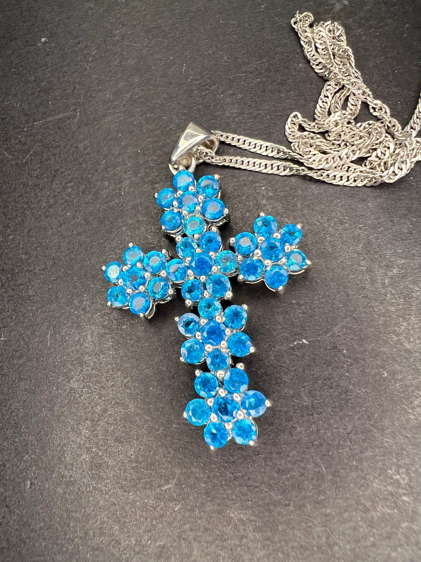 Blue Apatite Rhodium Over Sterling Silver Cross Pendant With Chain 3.25ctw