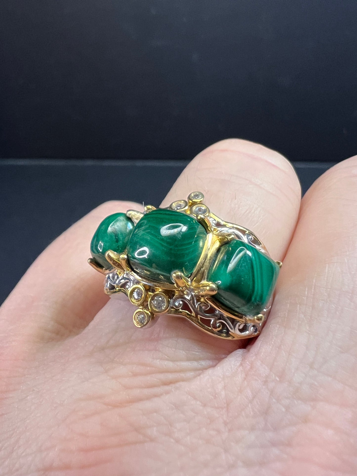 NEW Malachite and zircon two toned ring in vermeil and rhodium over sterling silver size 7