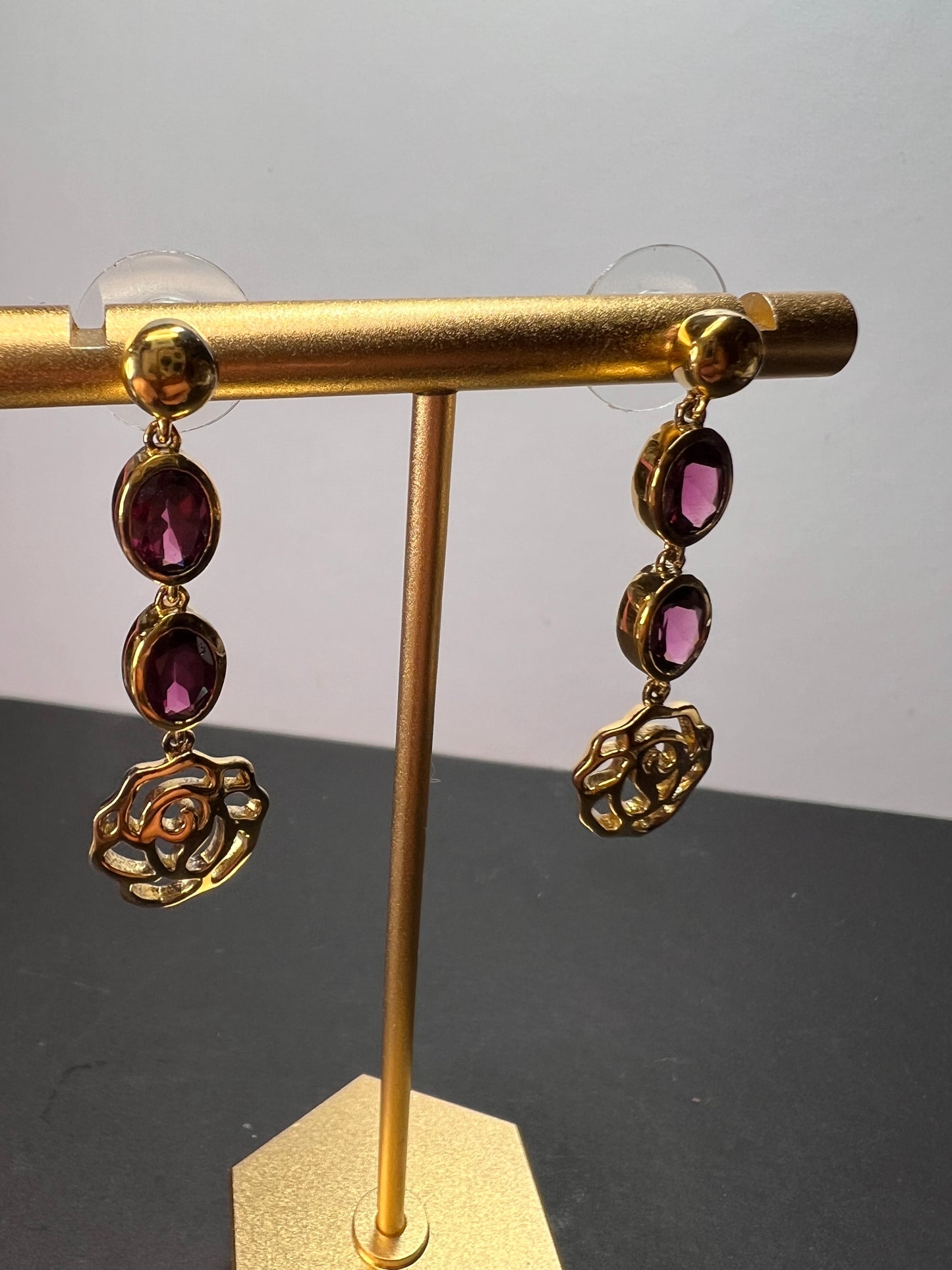 Grape rhodolite garnet dangle earrings in gold over sterling silver