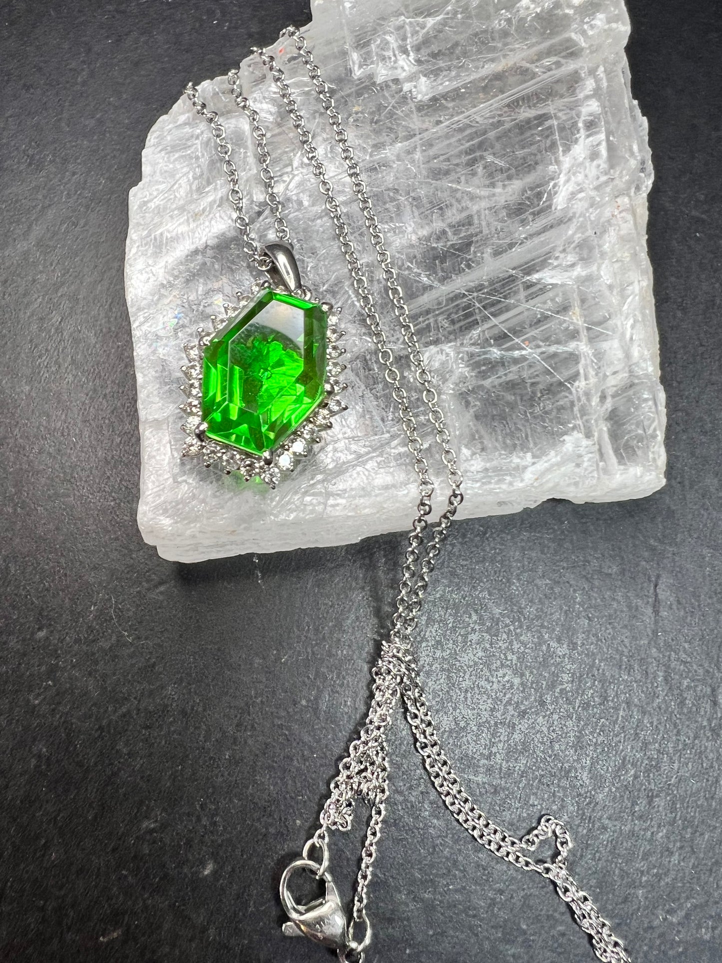 NEW Chartreuse Quartz & White Zircon Pendant Necklace 20” 16.15ctw