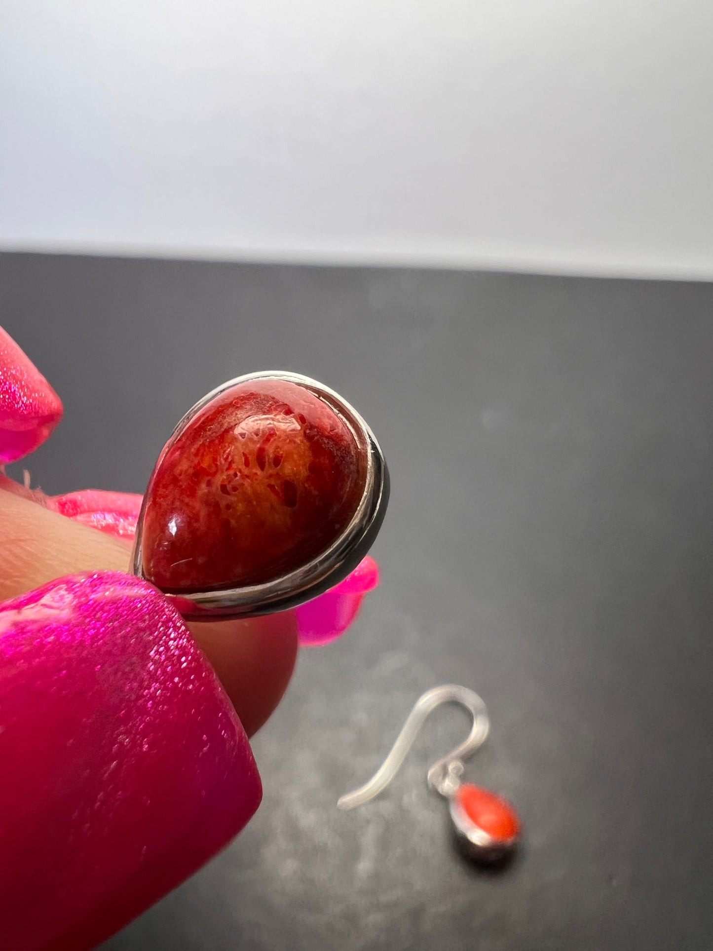 Red sponge coral sterling silver teardrop earrings