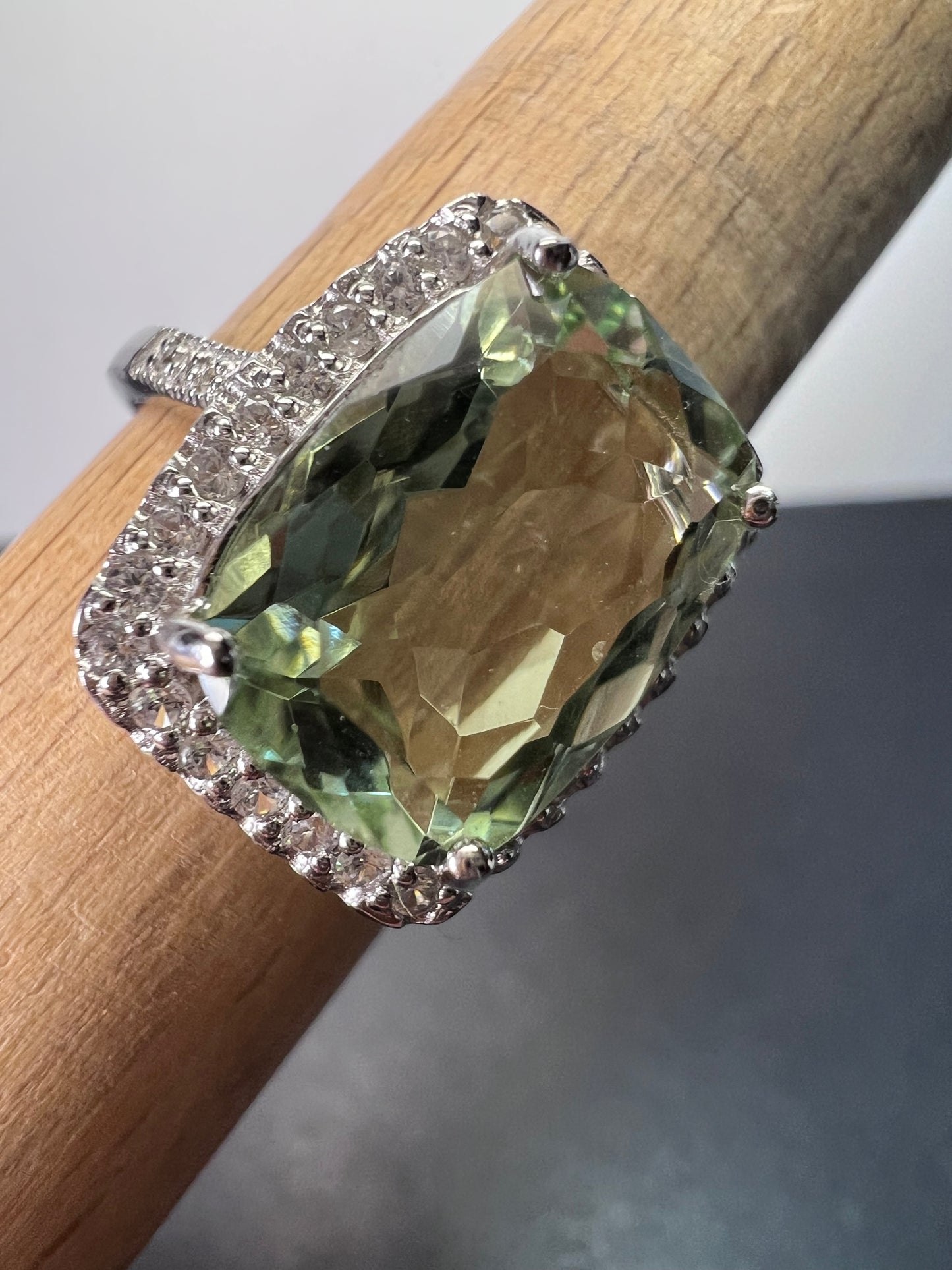 Cushion cut Prasiolite cocktail halo ring size 9