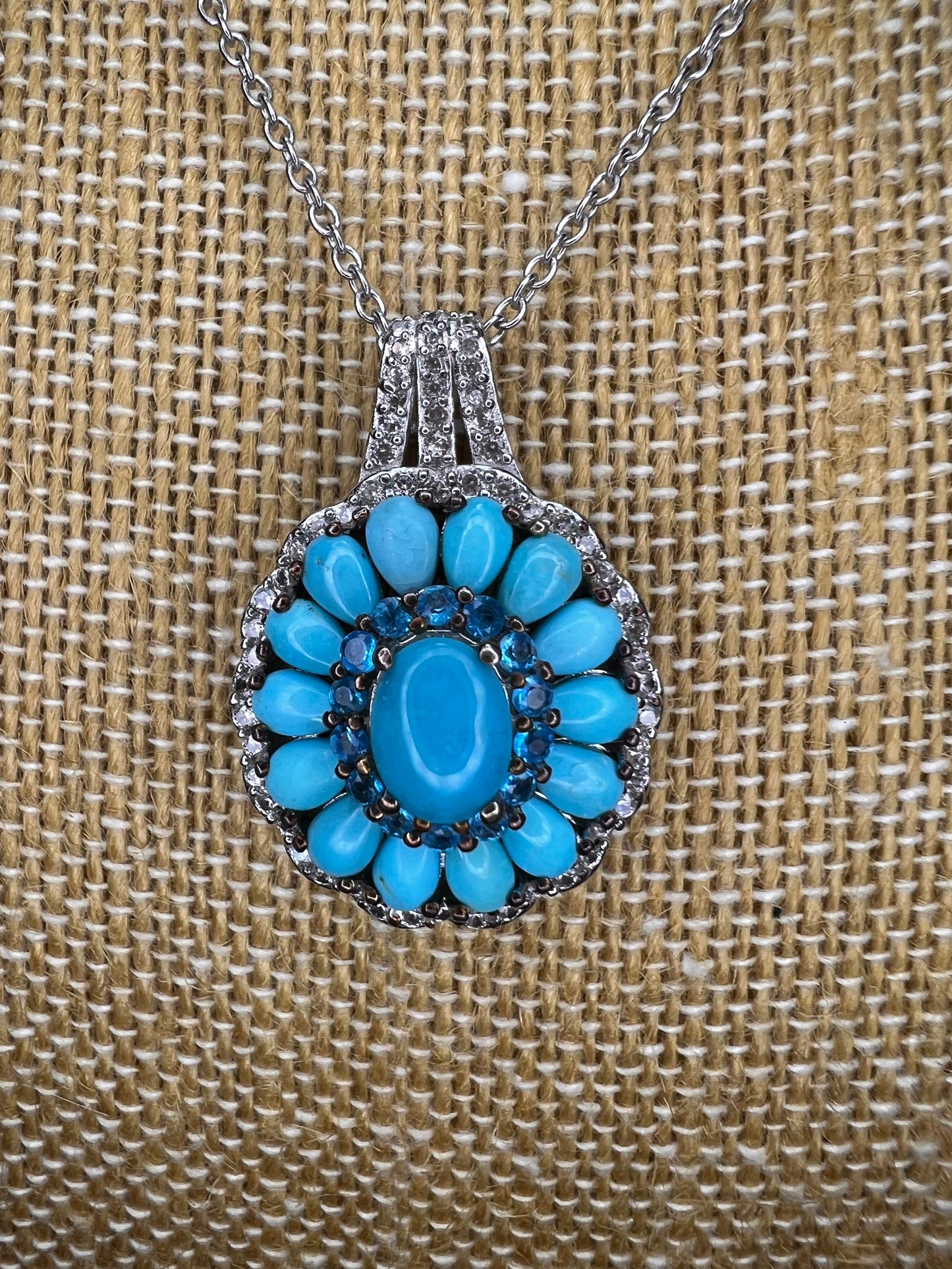 Turquoise and neon blue apatite halo sterling silver necklace with chain