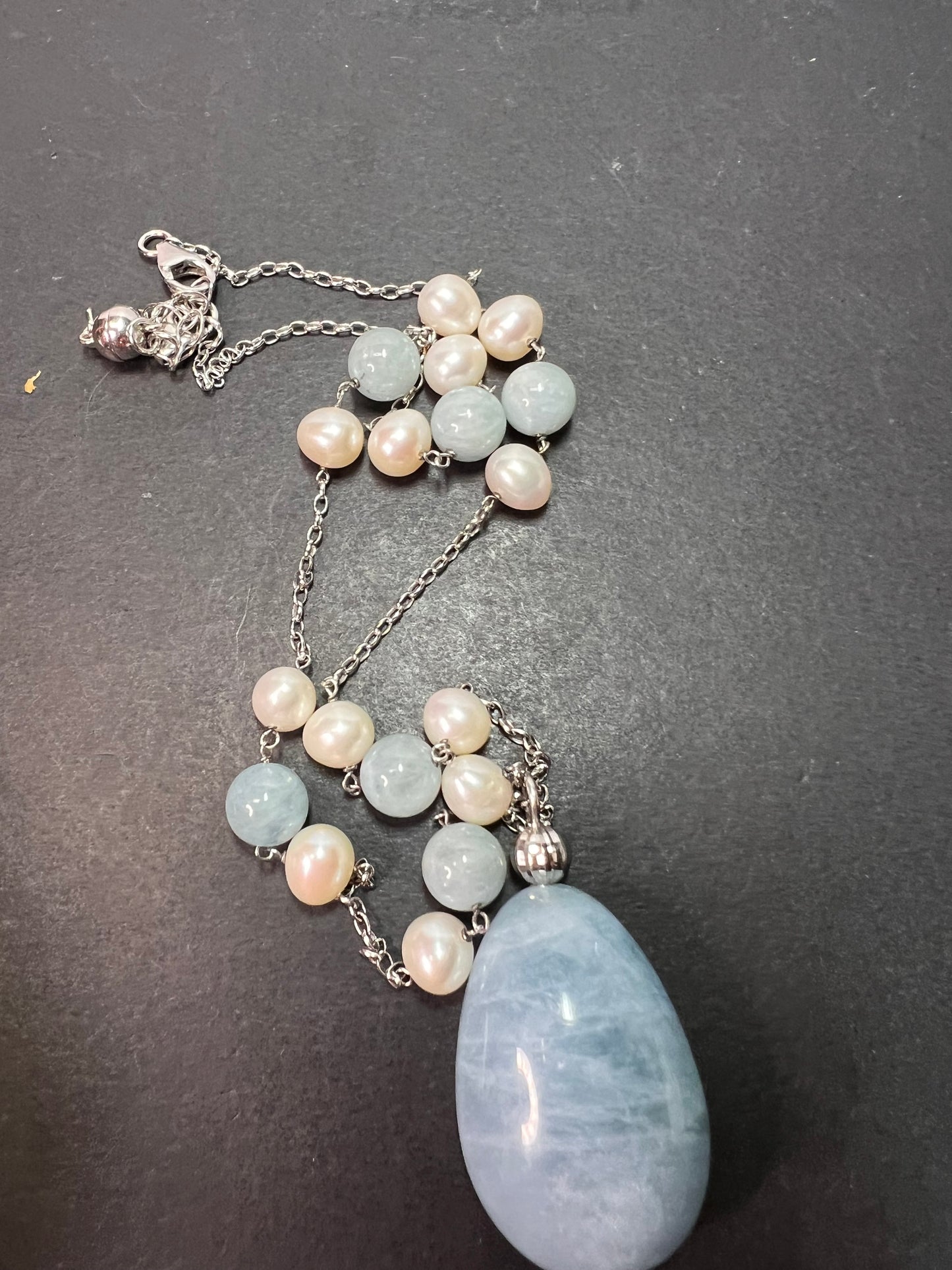 Aquamarine and pearl sterling silver station necklace