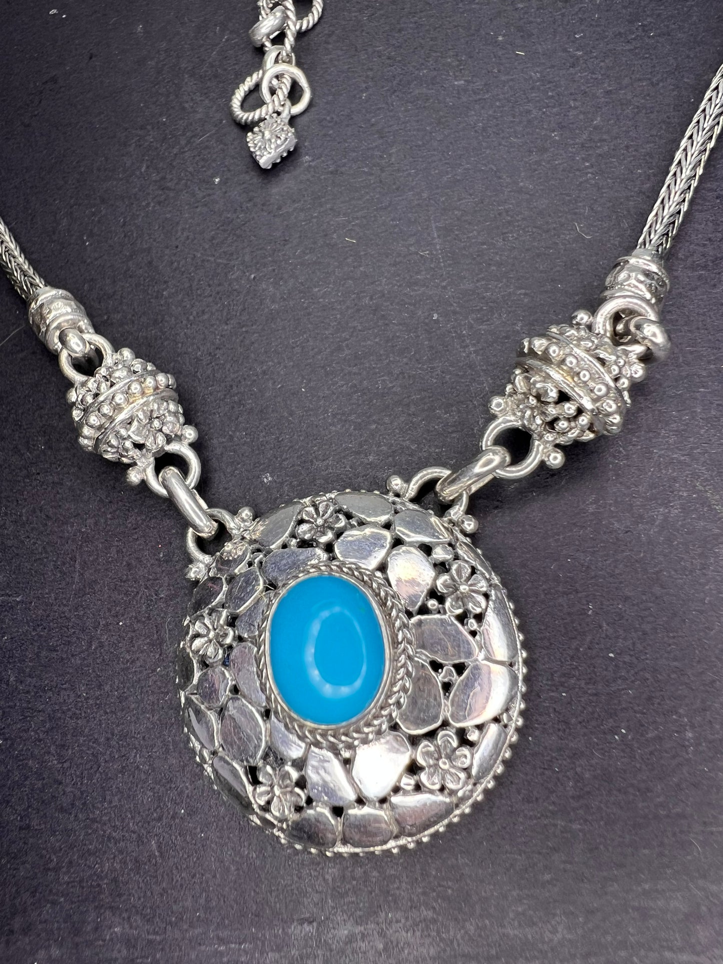 Sarda OOP Sleeping Beauty turquoise Sterling silver Byzantine station 2 clasp adjustable necklace 16-25 inches