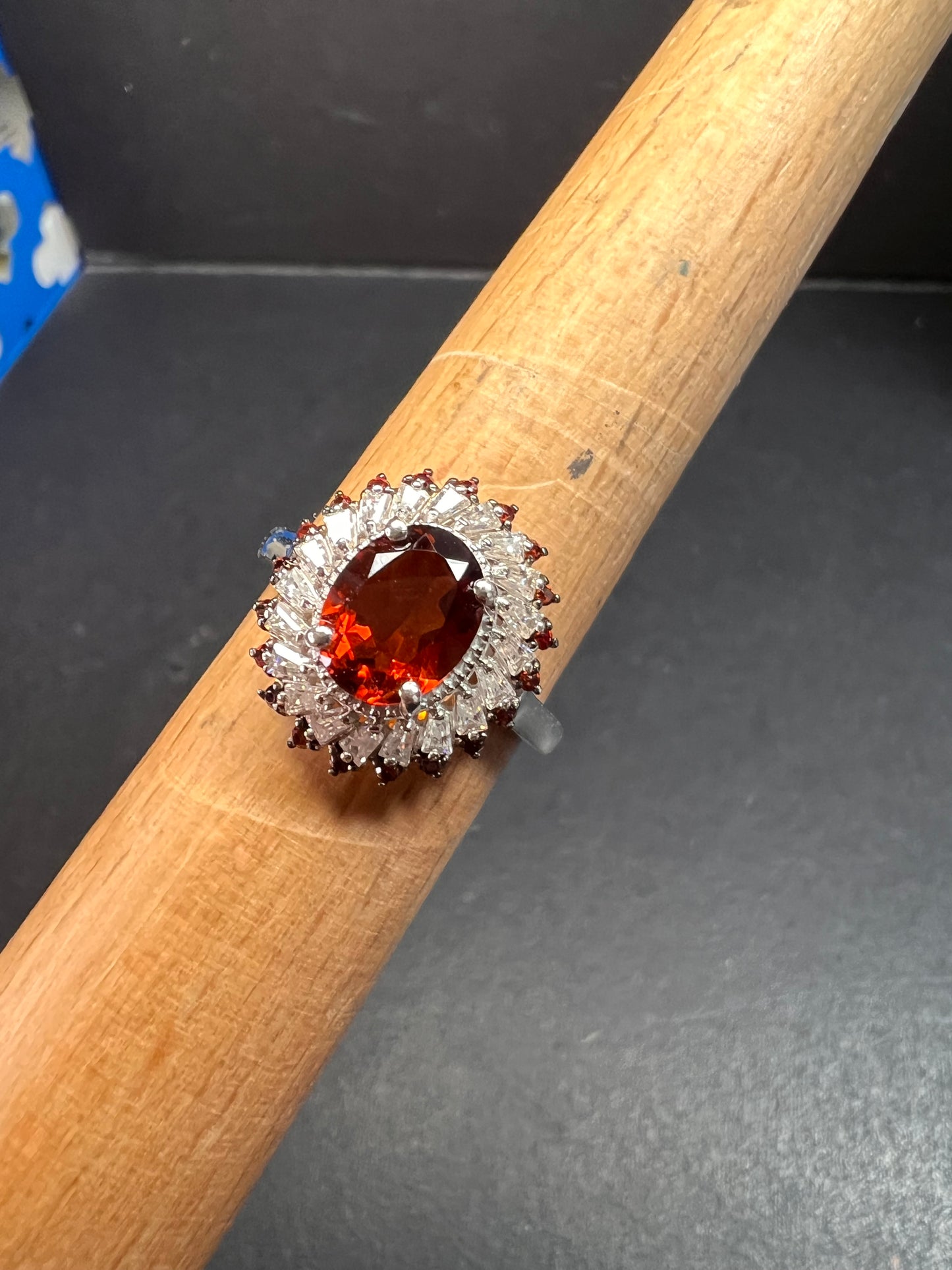 NEW Cherry citrine and Moissanite halo ring in platinum over sterling silver size 8