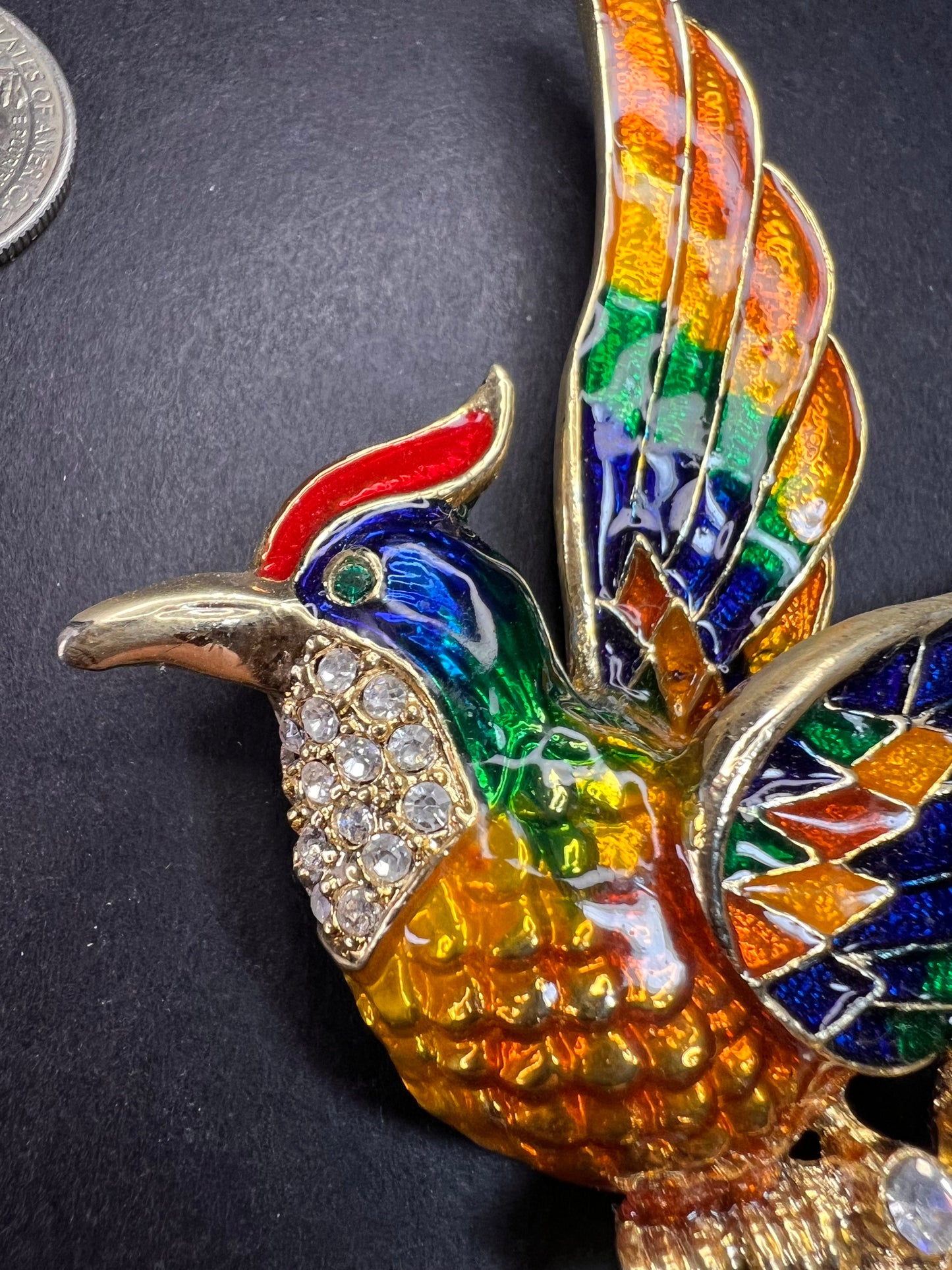 Vintage Enamel Phoenix Bird Rhinestone Statement Brooch Large Gold Tone