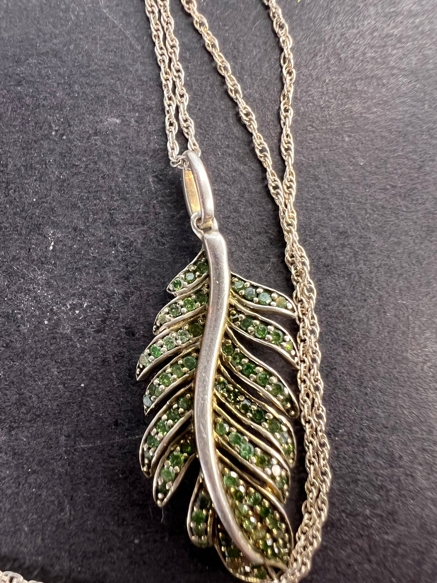 Natural green diamonds feather pendant and chain necklace in white gold over sterling silver