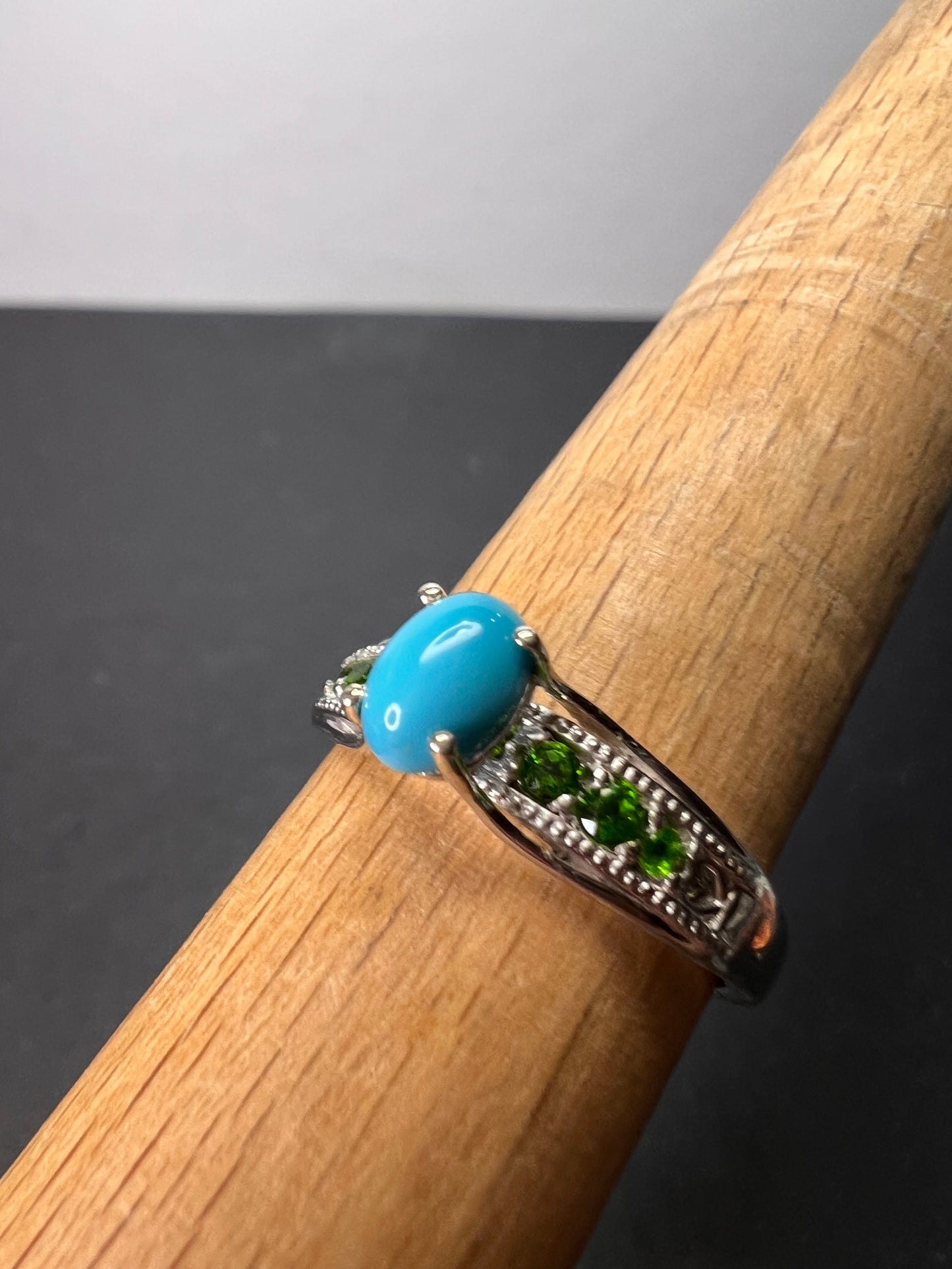 Sleeping Beauty turquoise and chrome diopside sterling silver ring size 9